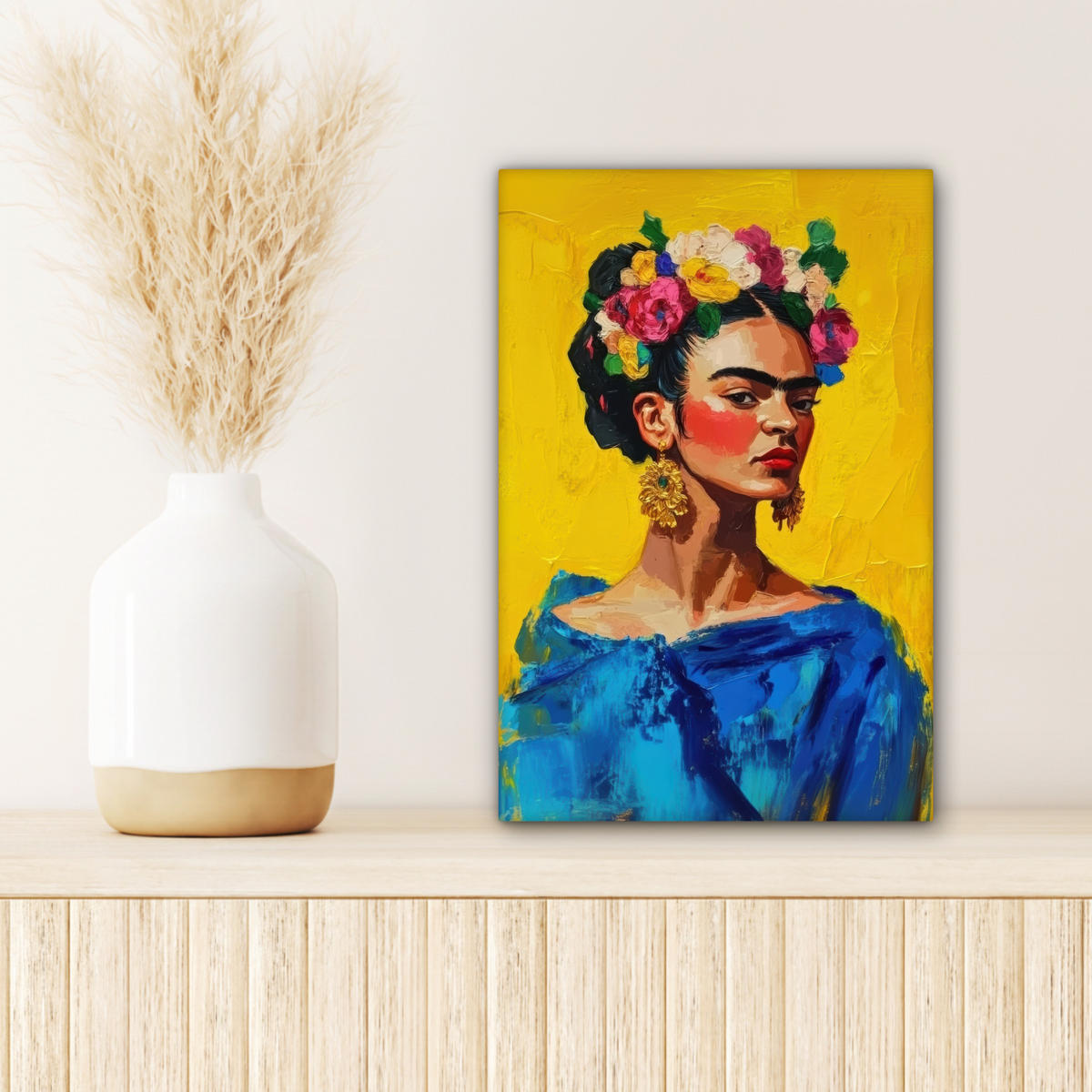 LEINWANDBILD Frida Kahlo - Frau - Gelb - Blau - Blumen 20x30 cm - Gelb, Textil (20/30cm) - MuchoWow