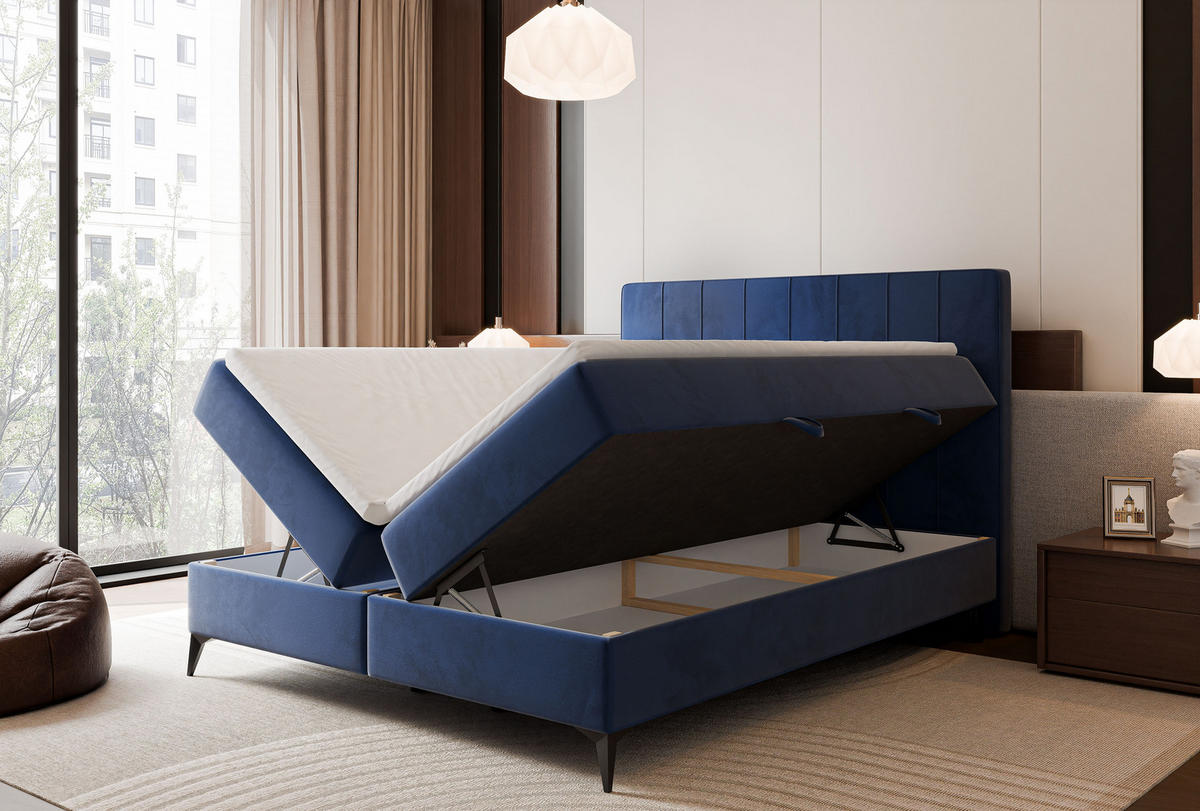 BOXBETT VERA 120x200 cm mit Matratze und Topper, Dichter wasserabweisender Samt Marineblau - Dunkelblau, Textil (120/200cm) - Idohome