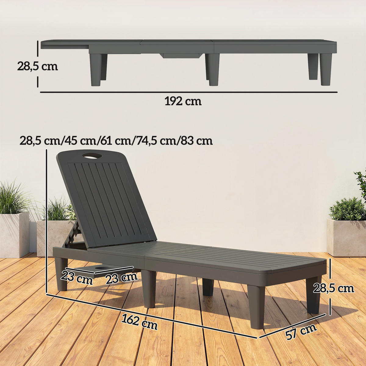 SONNENLIEGE DE-15692 2er-Set mit Seitentisch Grau - Grau, Kunststoff (57/28.5/192cm) - ComfortXL