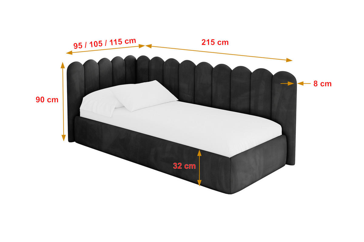 EINZELLBETT Jugendbett mit Bettkasten, Rechts - ARTY 90x200 Schwarz - Anthrazit, Holzwerkstoff/Textil (90/200cm) - ALTDECOR