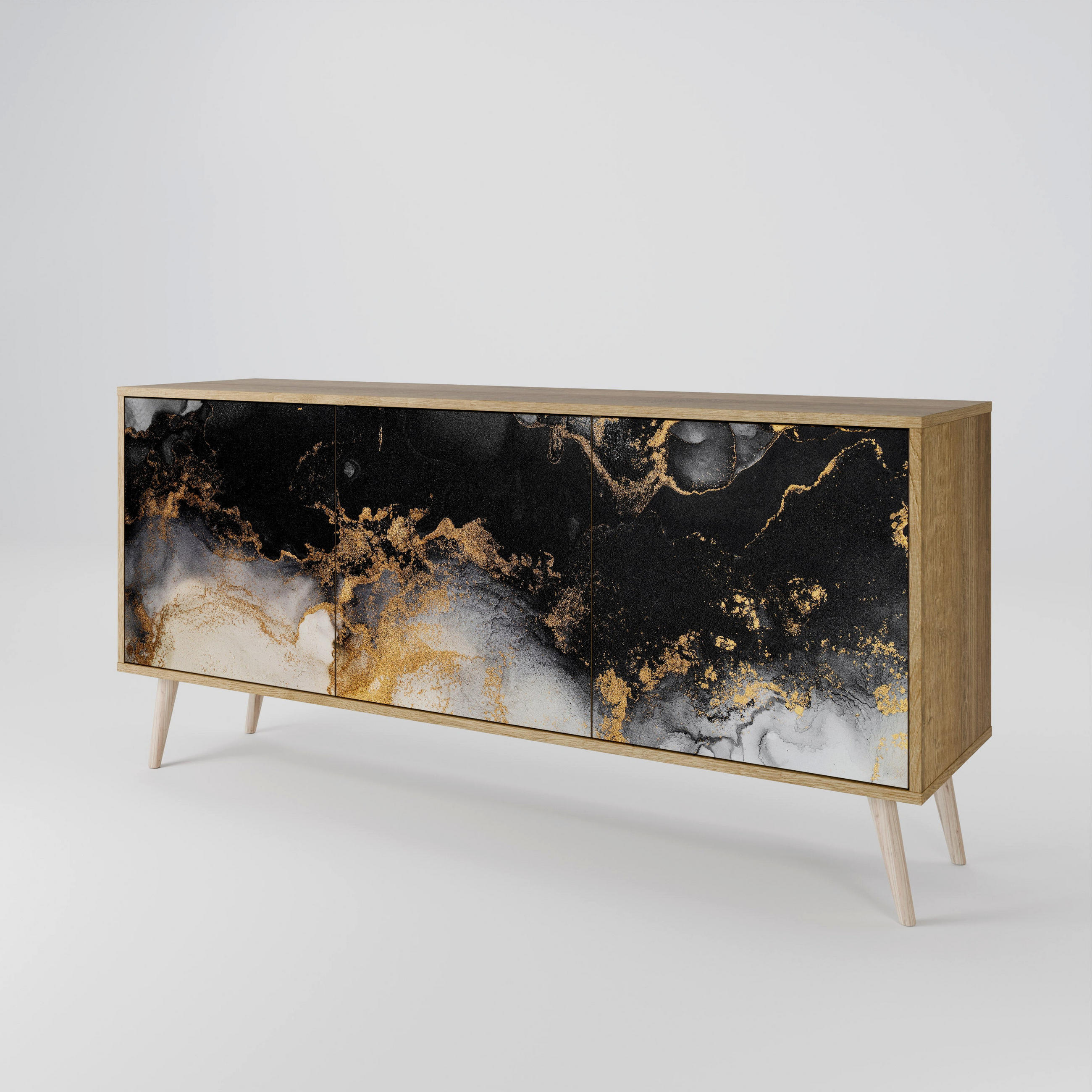 SIDEBOARD MARBLE OF TOMMORROW, Eicheneffekt, 164,5x42x77,5 cm, 3 Türen - Eichefarben/Buchefarben, Holzwerkstoff/Buchenholz (164.5/77.5/42cm) - SpaceRebels