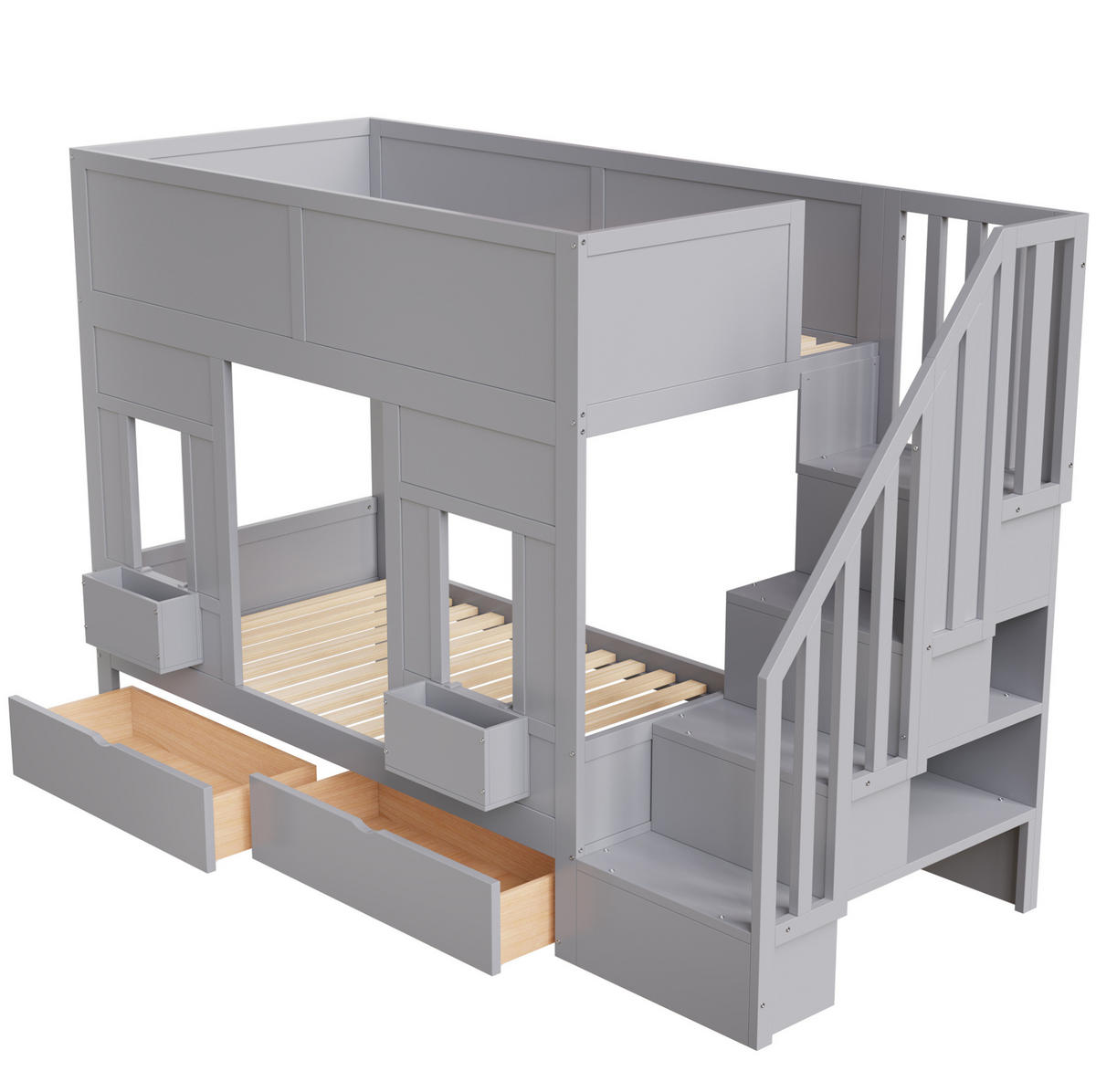 ETAGENBETT 90/200 cm grau aus Holz mit Treppe und Stauraum - Grau, Holzwerkstoff (90/200cm) - OKWISH