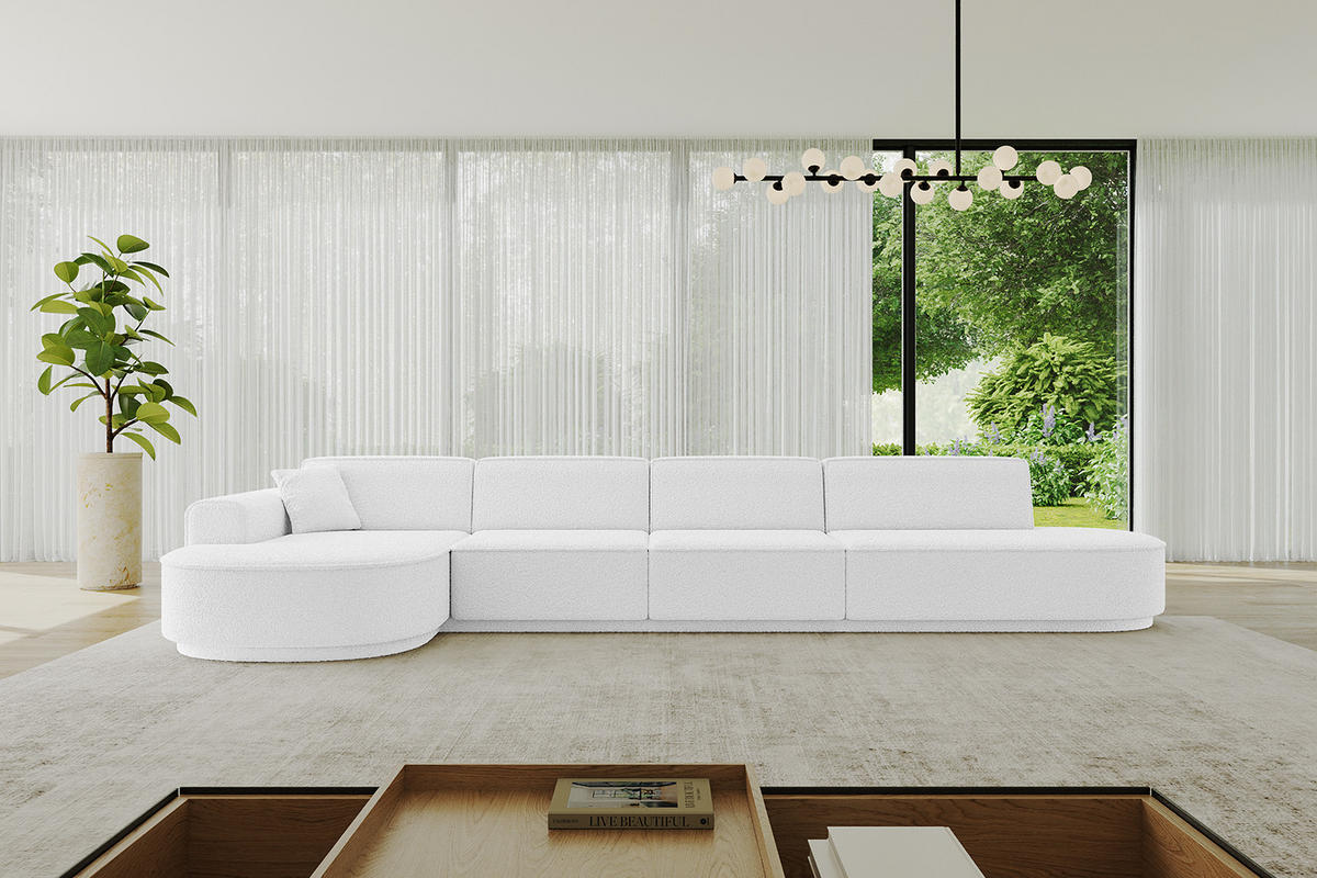 ECKSOFA Ottomane Links MARI-L3 - 402x163x81 cm Weiß Bouclé - Schwarz/Weiß, Holzwerkstoff/Kunststoff (165/406cm) - ALTDECOR