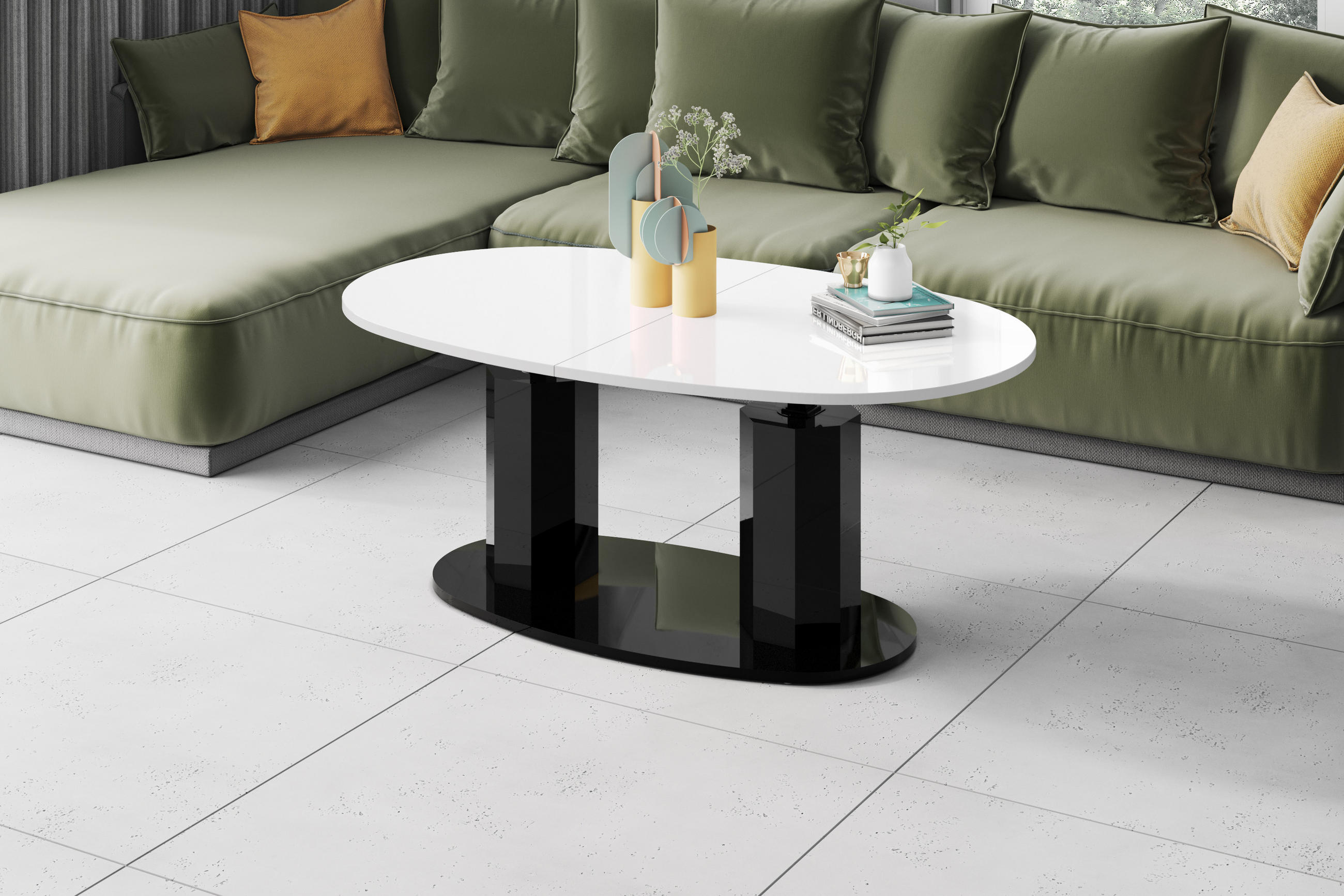 COUCHTISCH Weiß Schwarz Hochglanz oval ausziehbar höhenverstellbar - Schwarz Hochglanz/Weiß Hochglanz, Holzwerkstoff (80/130/54cm) - designimpex