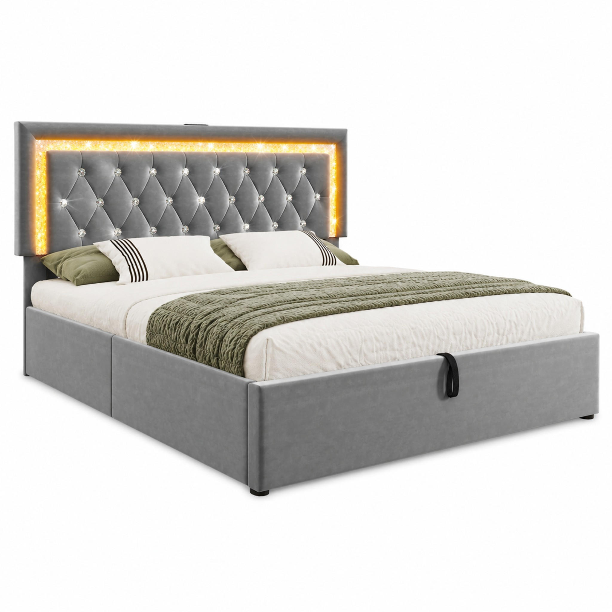 POLSTERBETT mit LED, USB und Stauraum 140x200 cm Samt Grau inkl. Matratze - Grau, Metall (140/200cm) - Meubliv