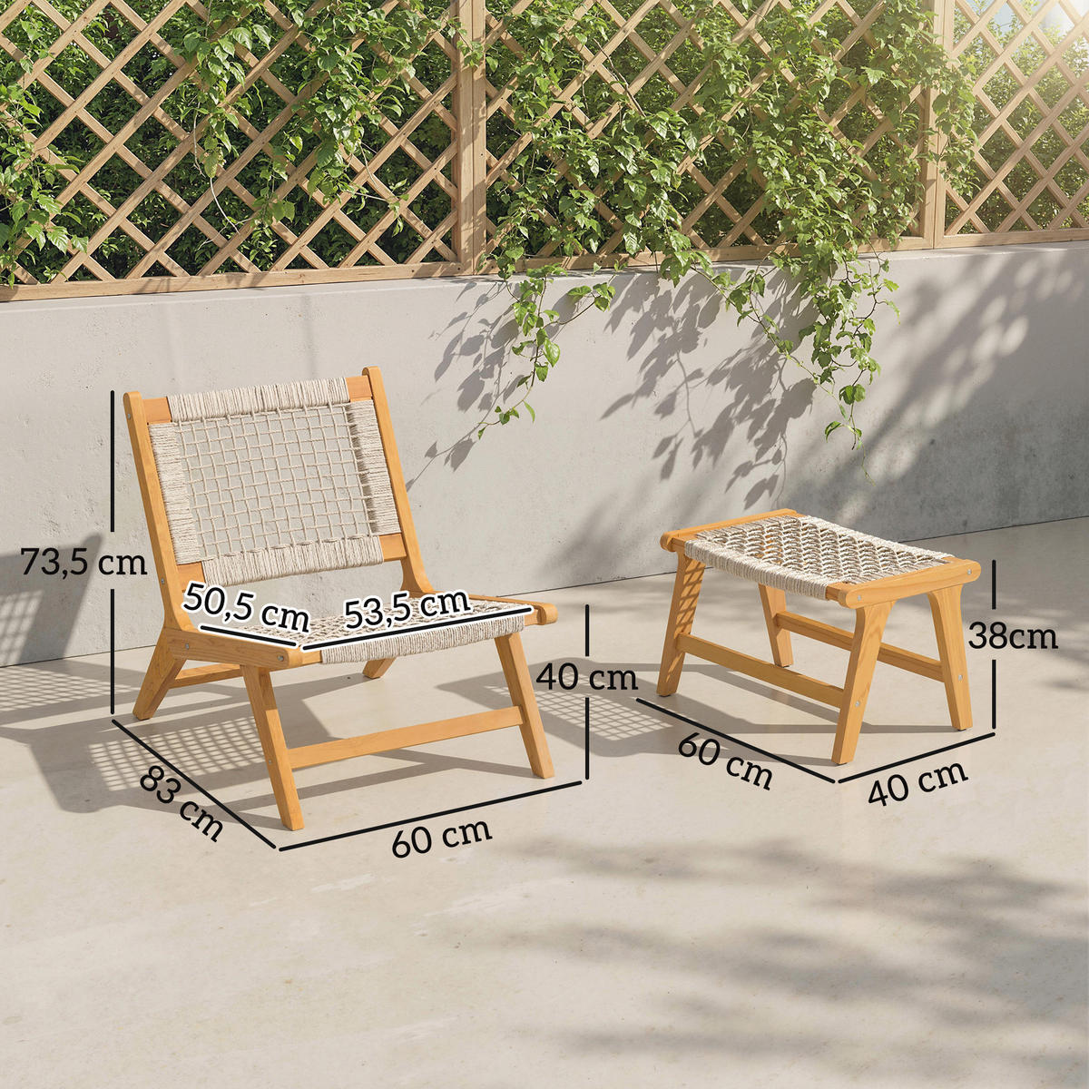 SESSEL-SET DE-07599 2-teilig, mit Fußhocker aus Akazienholz und Rattan-Sitz Natur - Beige, Holz/Kunststoff (60/73.5/83cm) - ComfortXL