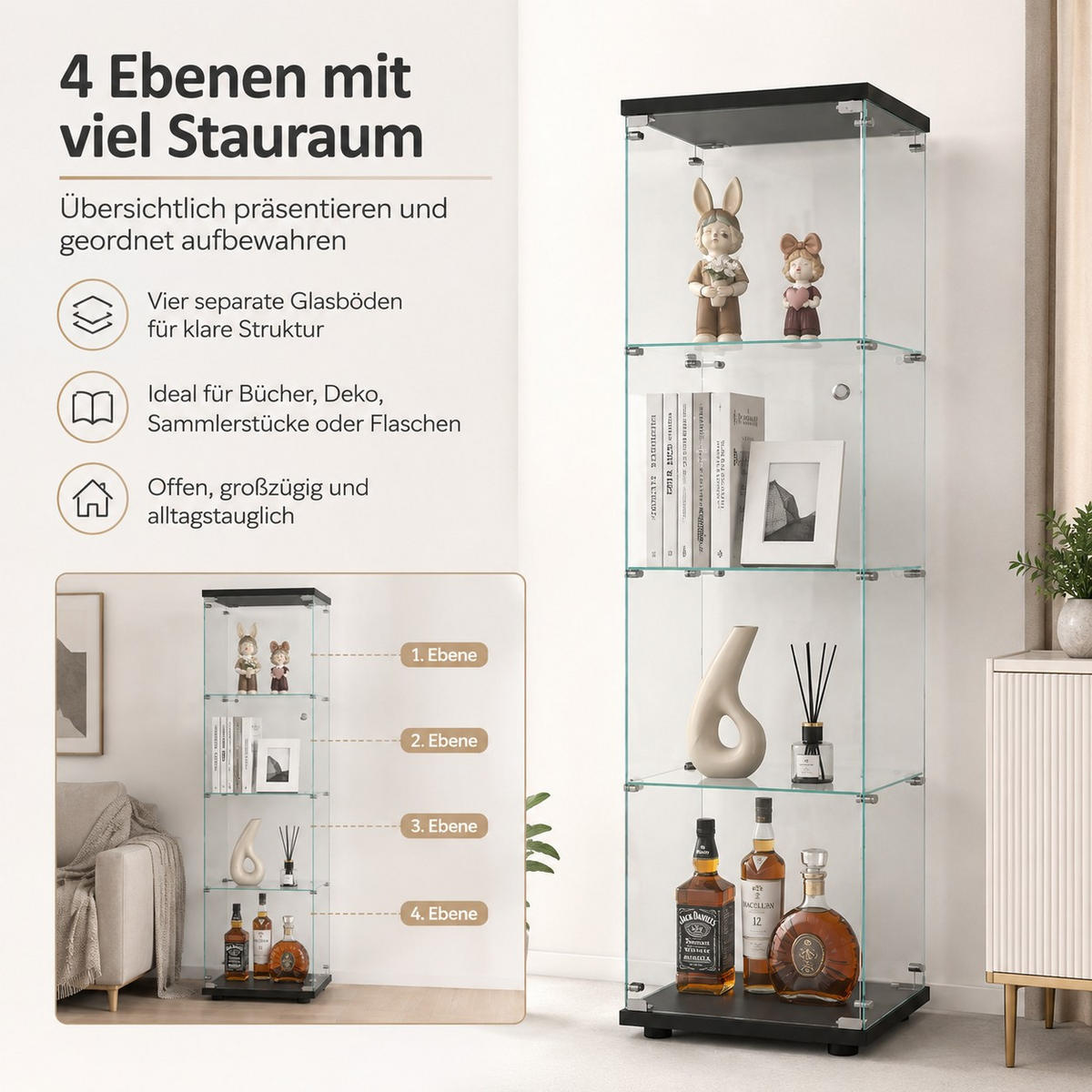 SAMMLERVITRINE 4 Ebenen Glas Schrank Stabil Für Figuren Wein Bücher - Schwarz, Glas (14.37/64.56/16.73cm) - SHOPENTRA