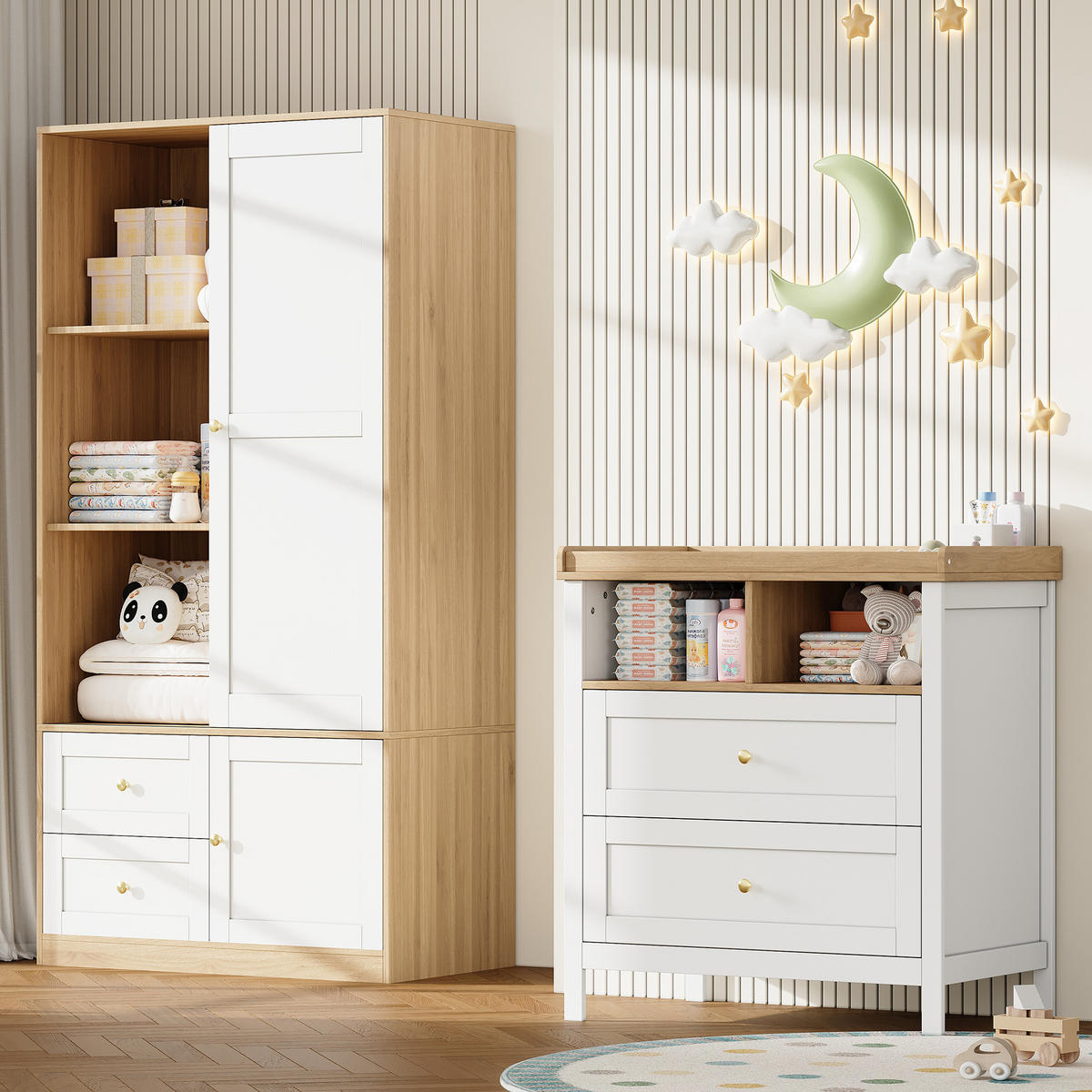 GARDEROBENSCHRANK mit Schiebetüren,mit Schutzgitter, 90/50/180 cm + 82/50/90 cm - Weiß/Naturfarben, Holzwerkstoff/Metall (90/180/50cm) - EVRYAE