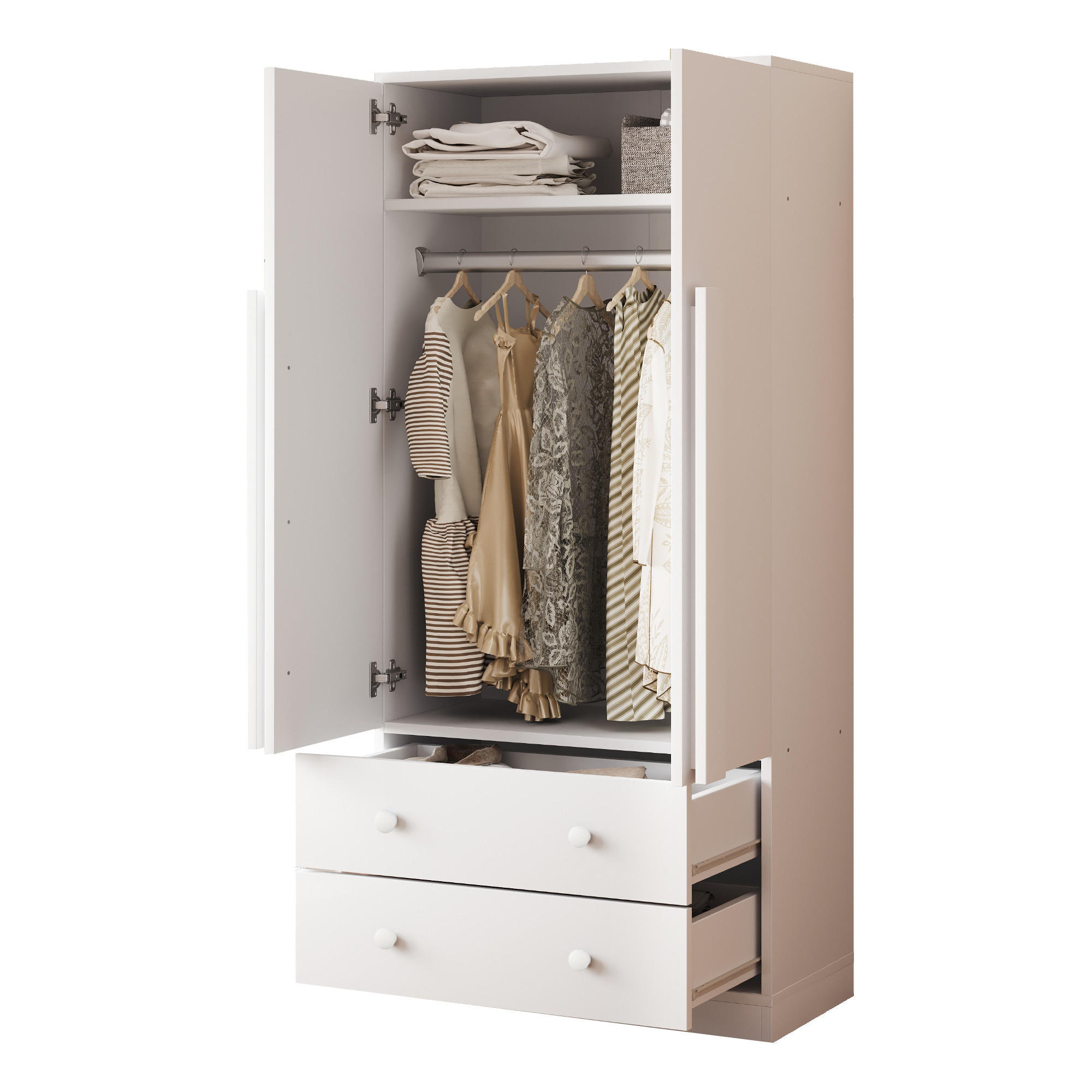 KLEIDERSCHRANK in Weiß mit Doppeltür-Design und Schubladen für Schlafzimmer und Wohnzimmer, B70/T40/H170 cm - Weiß, Holzwerkstoff/Metall (70/170/40cm) - STILVORA