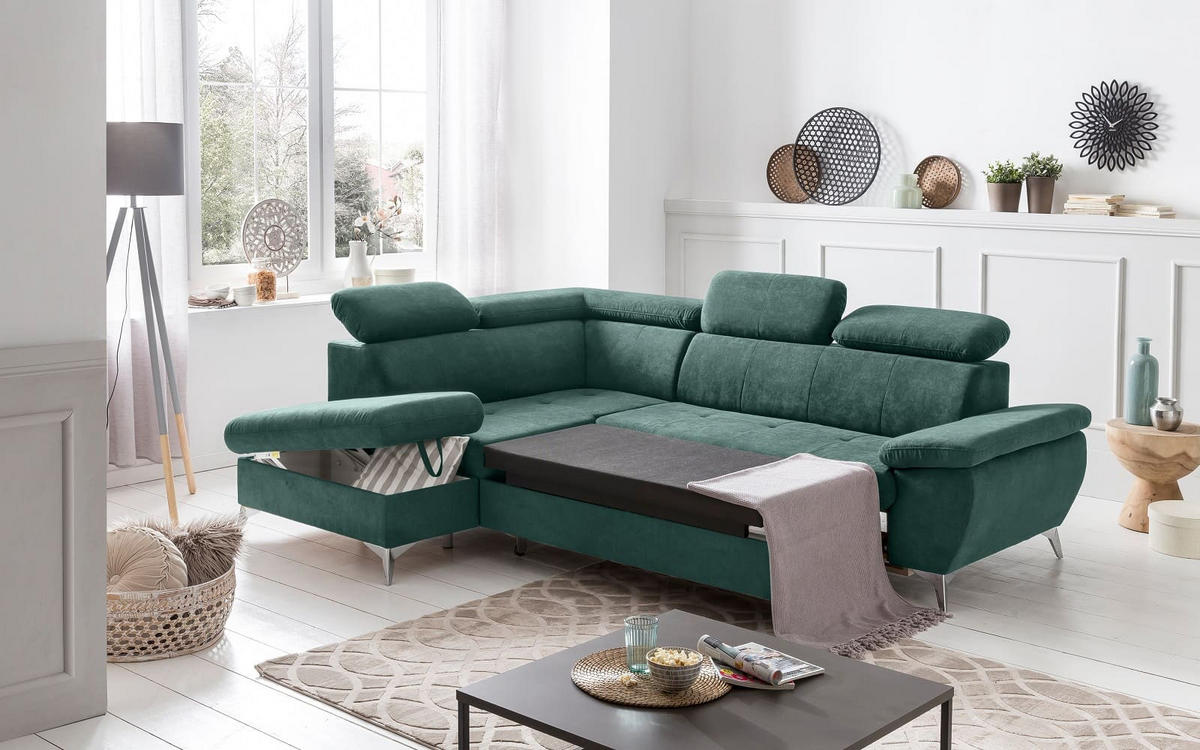 ECKSOFA mit Schlaffunktion und praktischem Bettkasten - Chromfarben/Grün, Textil/Metall (256/209cm) - Cotta