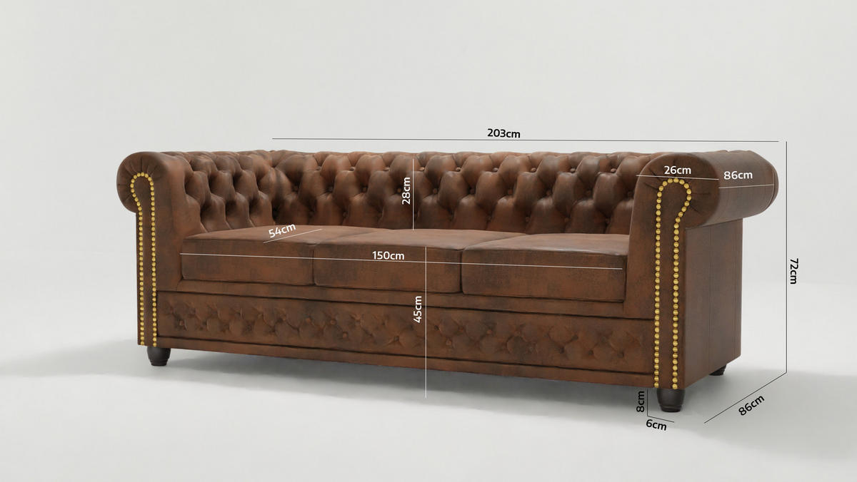 SITZGARNITUR 3+2+1 Chesterfield Flux Braun Microfaser Vintageoptik - Braun, Holz/Textil (203/72/86cm) - S-Style Möbel