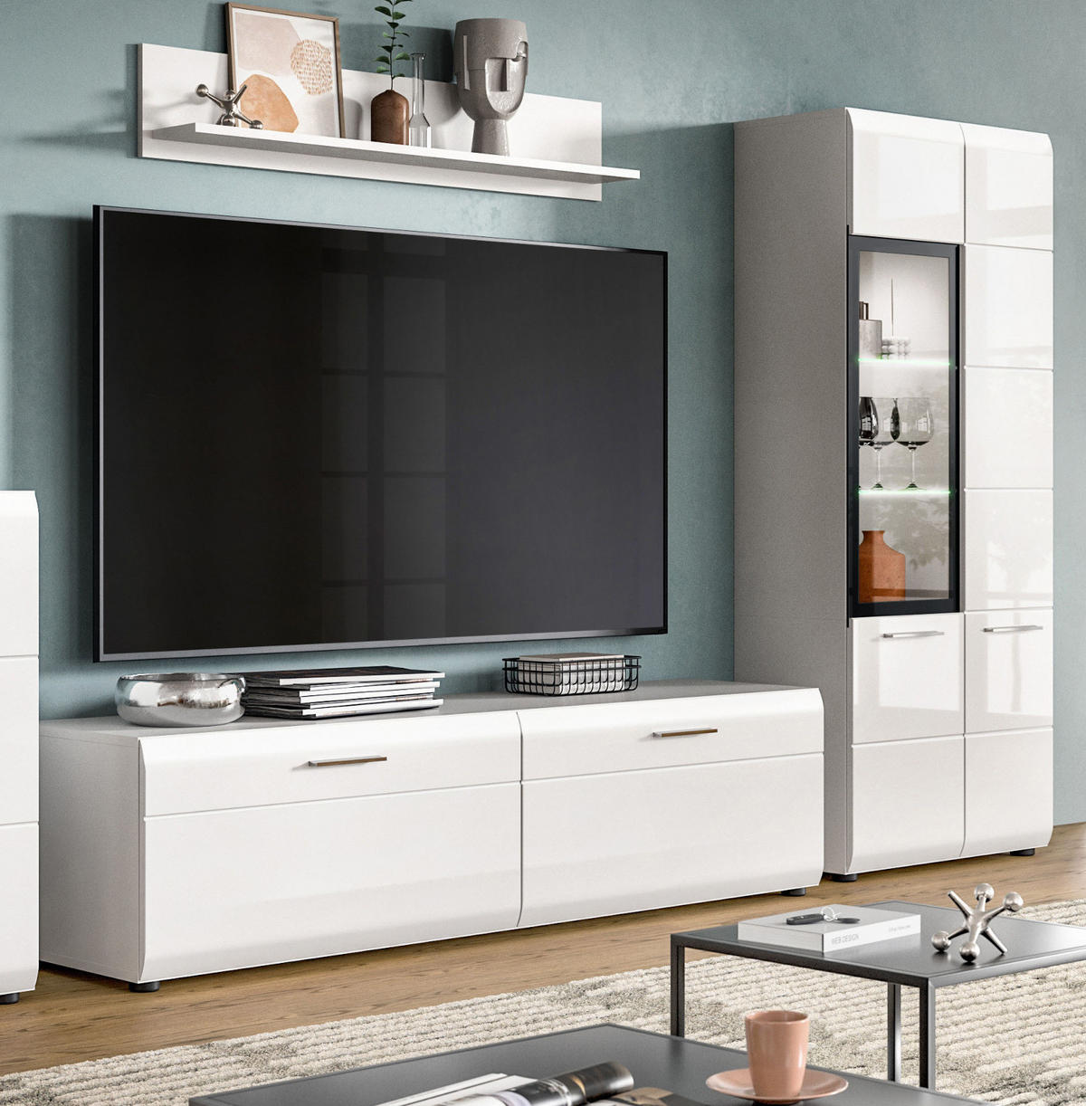 WOHNWAND weiß Hochglanz 3-teilig 235 cm, Schrankwand modernes Design - Weiß Hochglanz/Silberfarben, Glas/Holzwerkstoff (235/160/41cm) - Inn.Furn