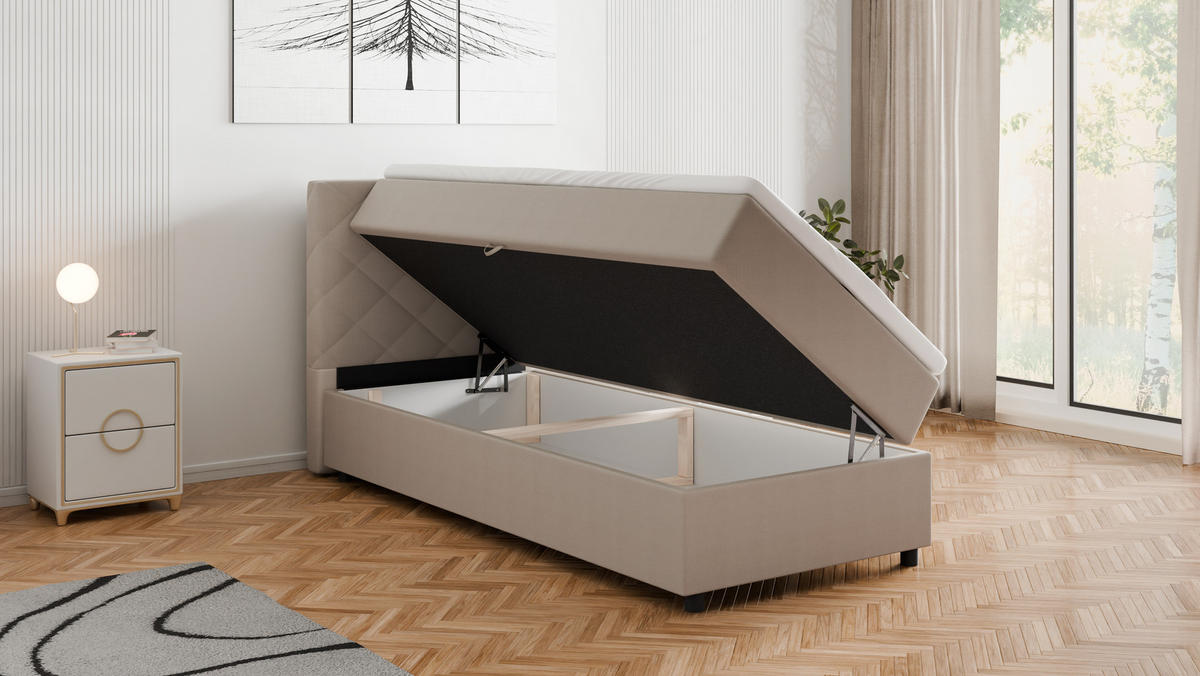 BOXBETT Diamaro 90x200 cm mit Bettkasten und Topper - Dunkelbeige - Beige, Holz (90/200cm) - Panda Möbel