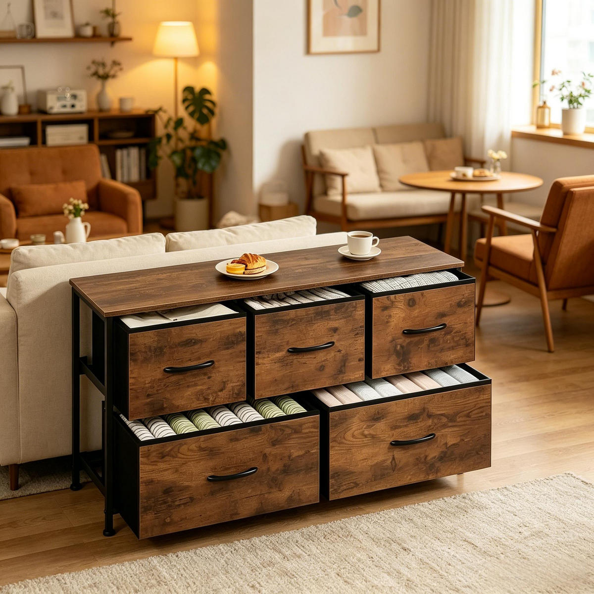 KOMMODE DE-38068 100/30/54 cm mit 5 Stoffschubladen Vintage-Braun - Braun, Holzwerkstoff (100/54/30cm) - ComfortXL
