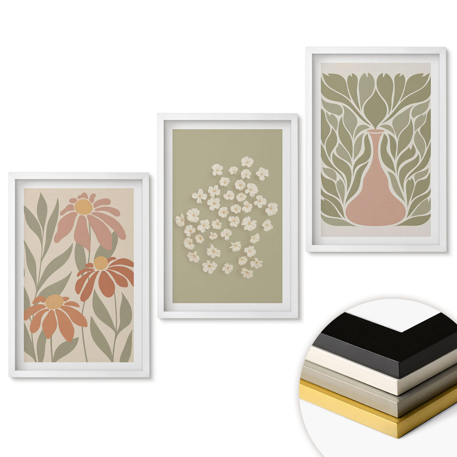 WANDBILDER 3er-Set - 40x60 cm Weißer Rahmen - Florale Boho-Muster - Weiß, Kunststoff (40/60cm) - ArtPrintCave