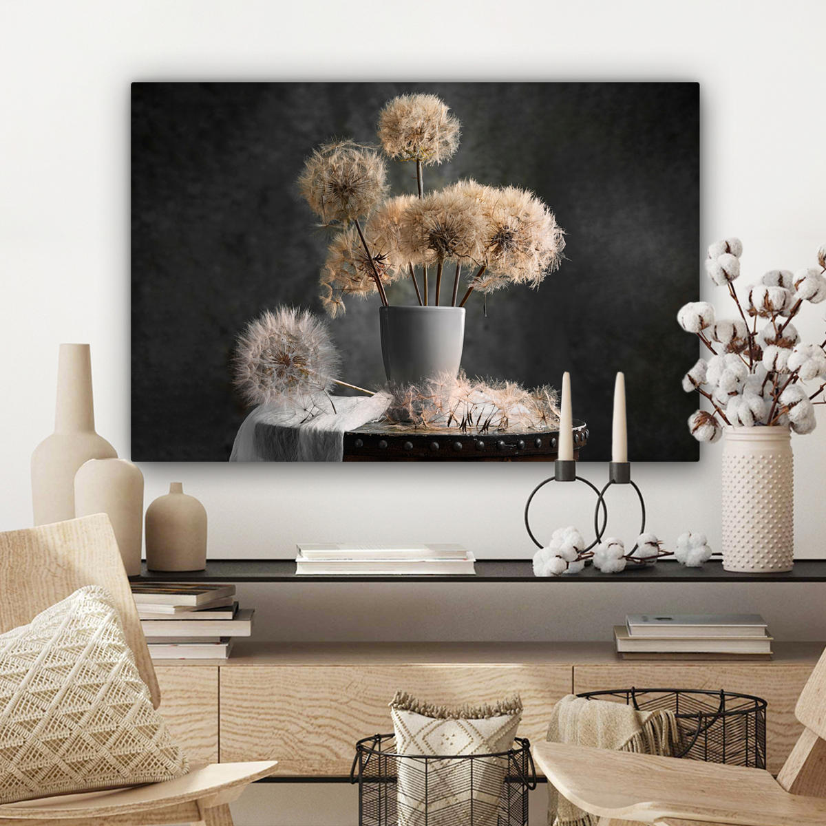 LEINWANDBILD Blumensamen - Löwenzahn - Vase - Stilleben - Blumenstrauß Wanddeko 90x60 cm - Dunkelgrau, Textil (90/60cm) - MuchoWow