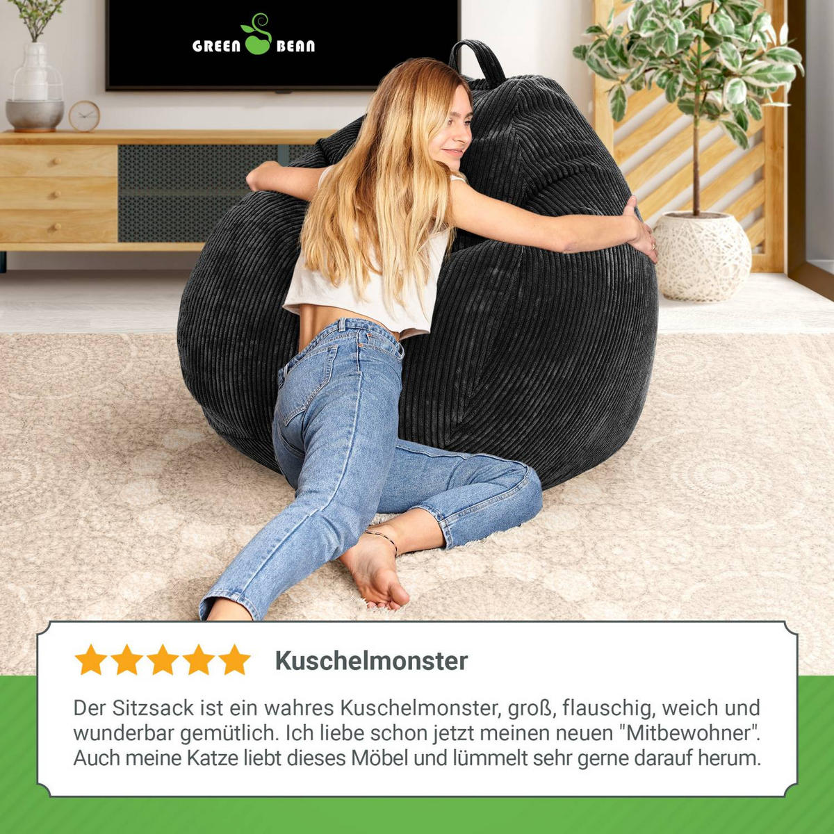 SITZSACK Indoor "Scoop" 90x110cm - Cord - Schwarz, Textil (90/110/90cm) - Green Bean