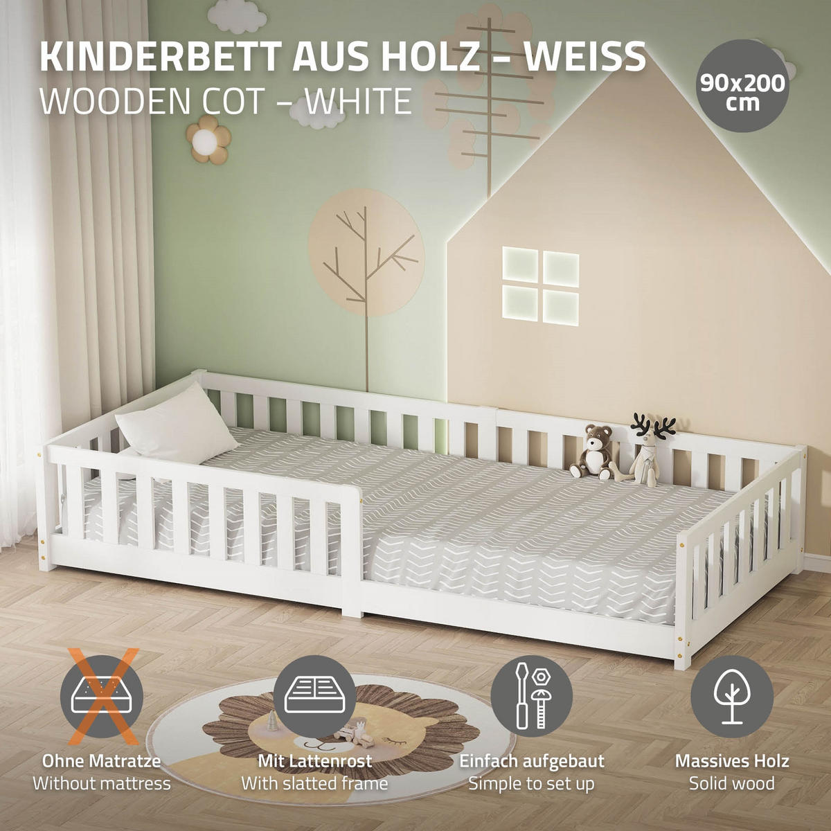KINDERBETT 90x200 cm Weiß aus Kiefernholz - Weiß, Holz (90/200cm) - ML-DESIGN