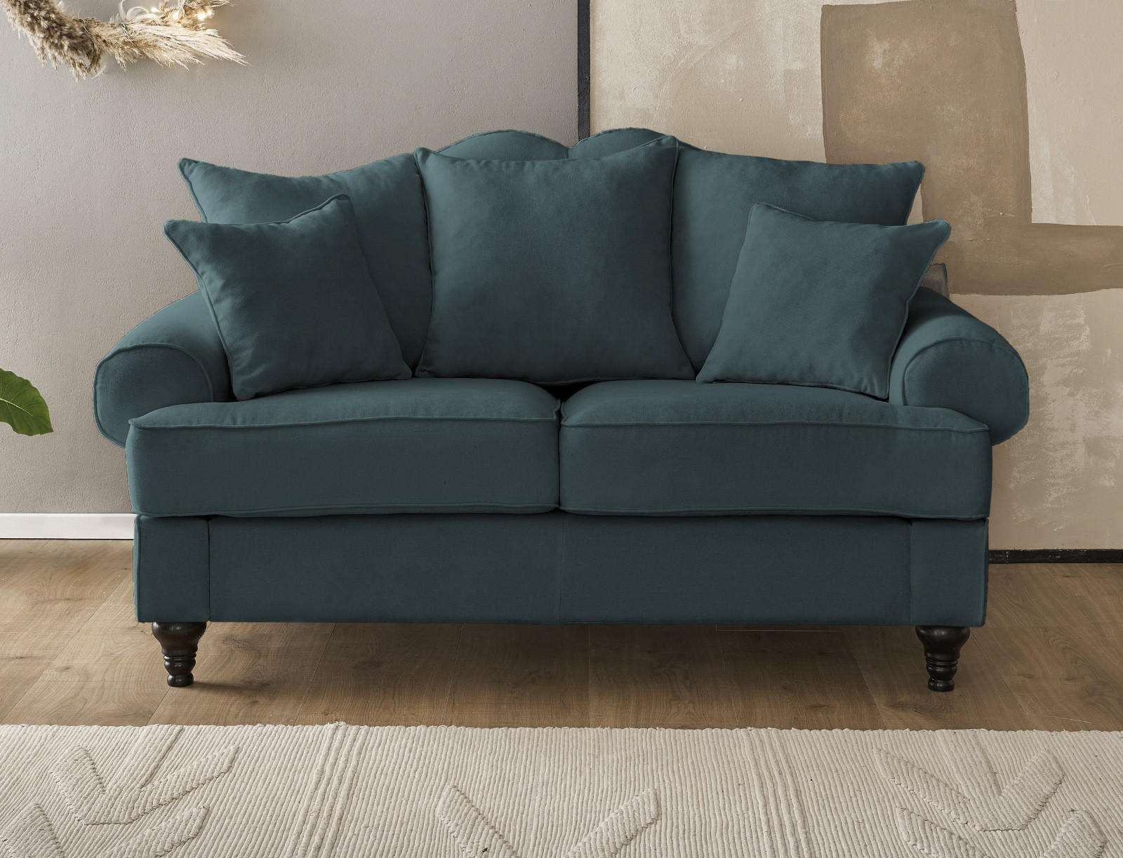 SOFA blaugrün Landhaus, Couch 2-Sitzer 170 cm - Dunkelgrün, Holz/Textil (170/95/100cm) - Furn.Design