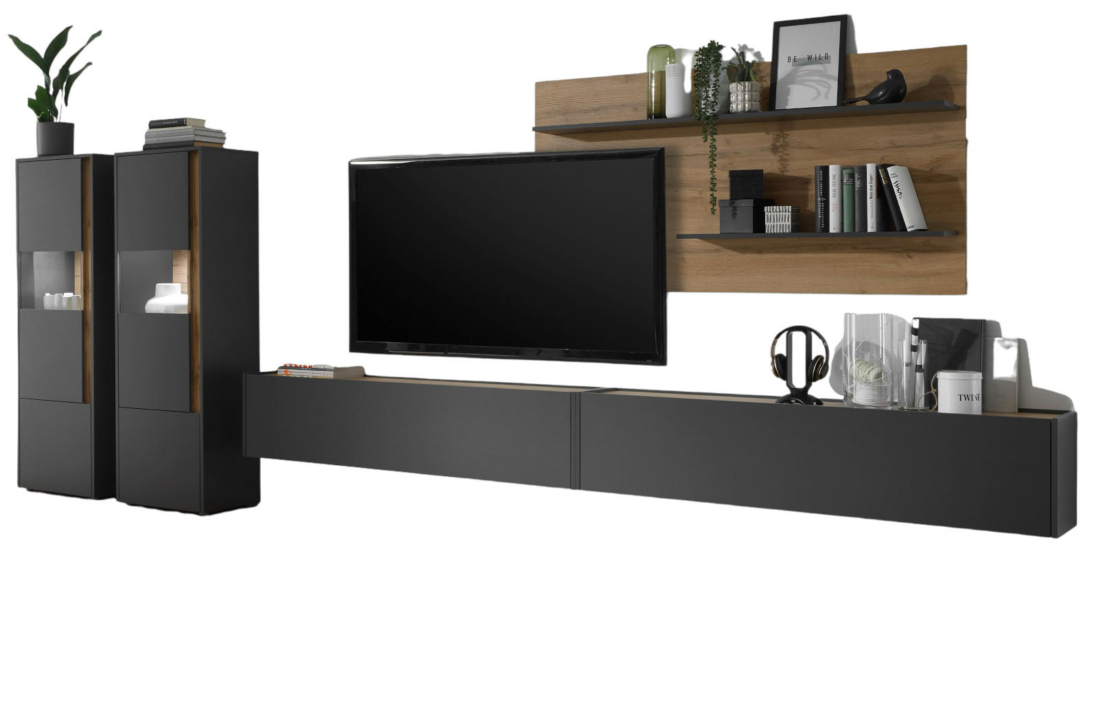 Furn.Design Wohnwand Grau, Eiche Wotan 440x180x40 cm