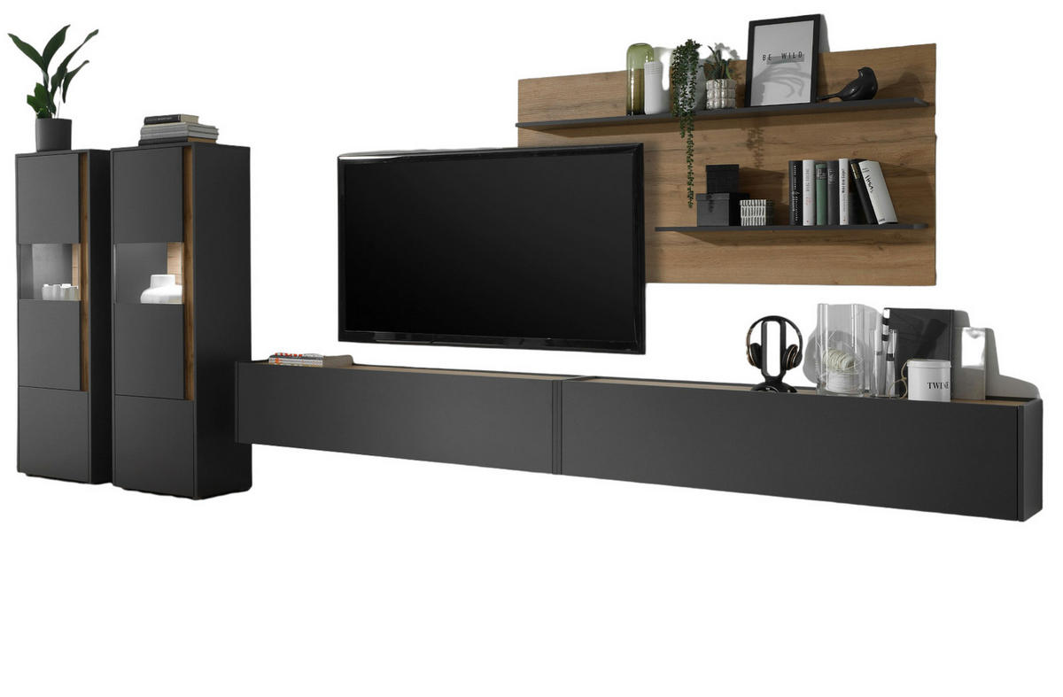 WOHNWAND 5-teilig grau matt, Eiche Wotan 440 cm, Schrankwand mit XXL-TV-Schrank - Eiche Wotan/Grau, Glas/Holz (440/180/40cm) - Furn.Design