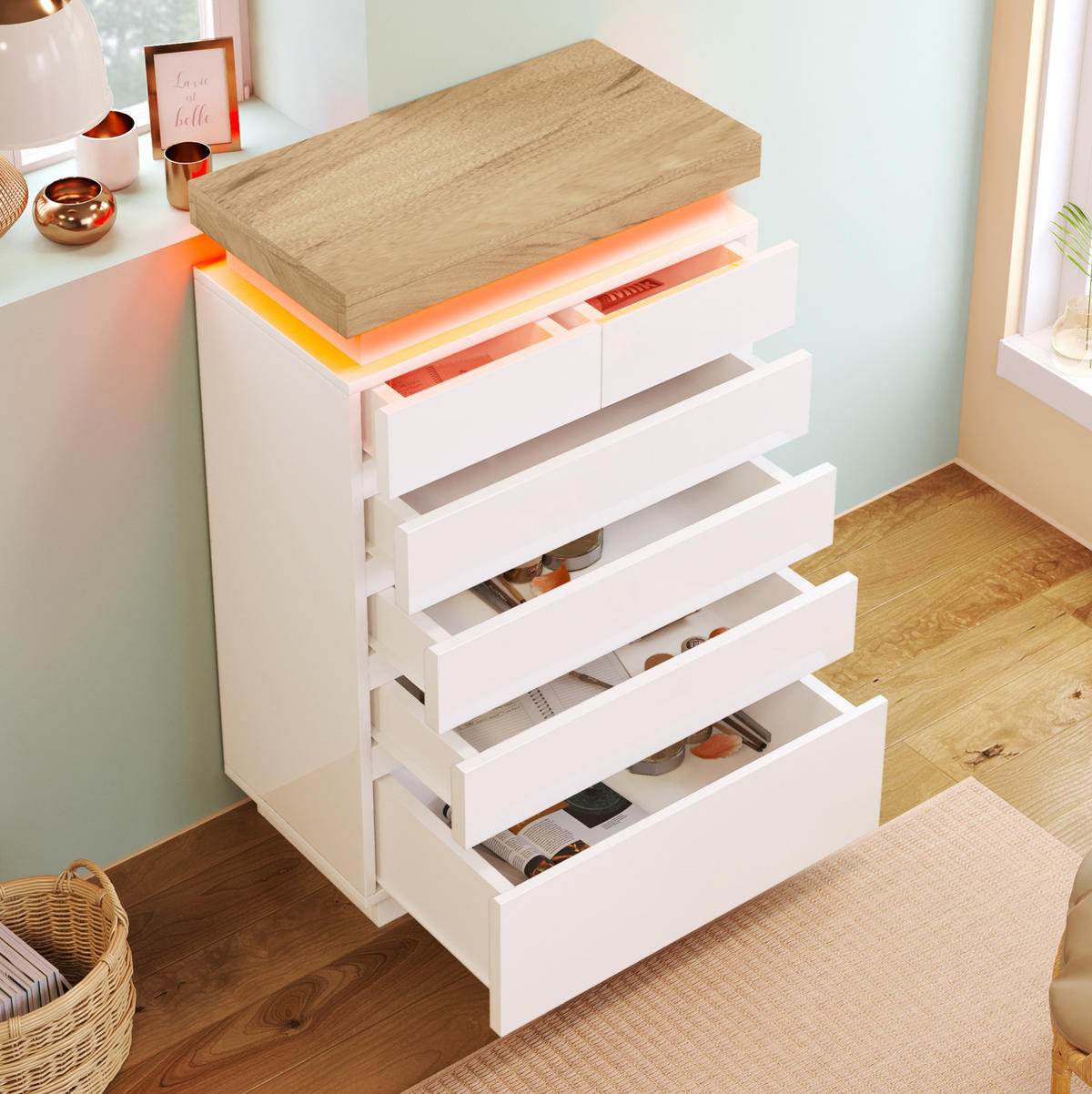 KOMMODE aus Spanplatte und MDF 39x73x115 cm Weiß mit LED-Beleuchtung, 6 Schubladen und Hochglanzfront - Weiß, Holzwerkstoff (73/115/39cm) - Modfu