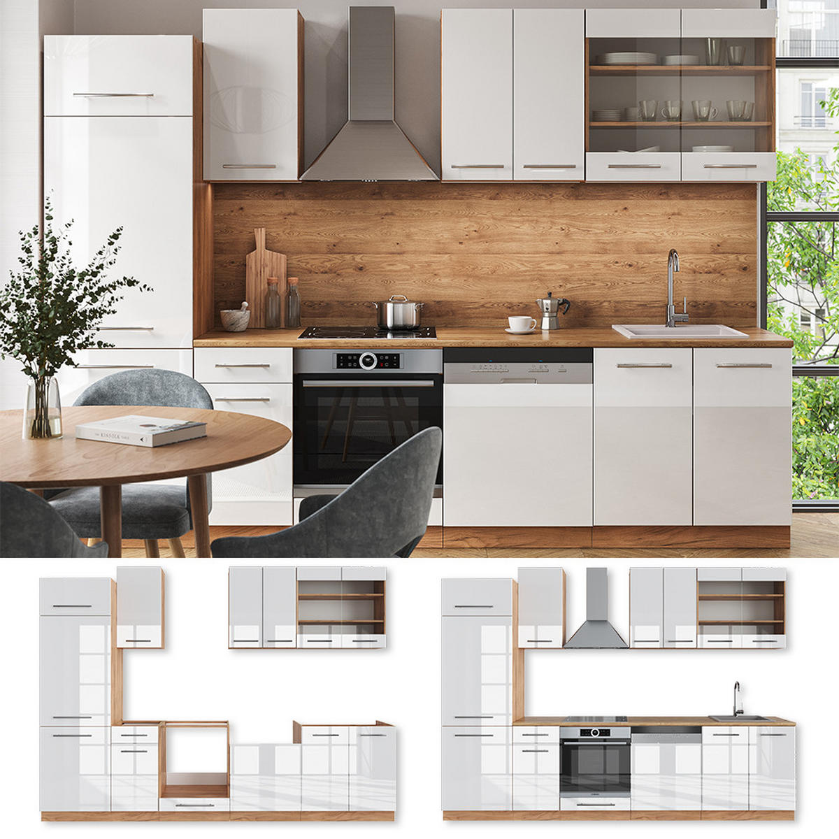 KÜCHENZEILE Fame-Line Weiß Hochglanz/Goldkraft Eiche 300 cm, AP Marmor - Honigeiche/Weiß Hochglanz, Holzwerkstoff (300/81.6/60cm) - Vicco