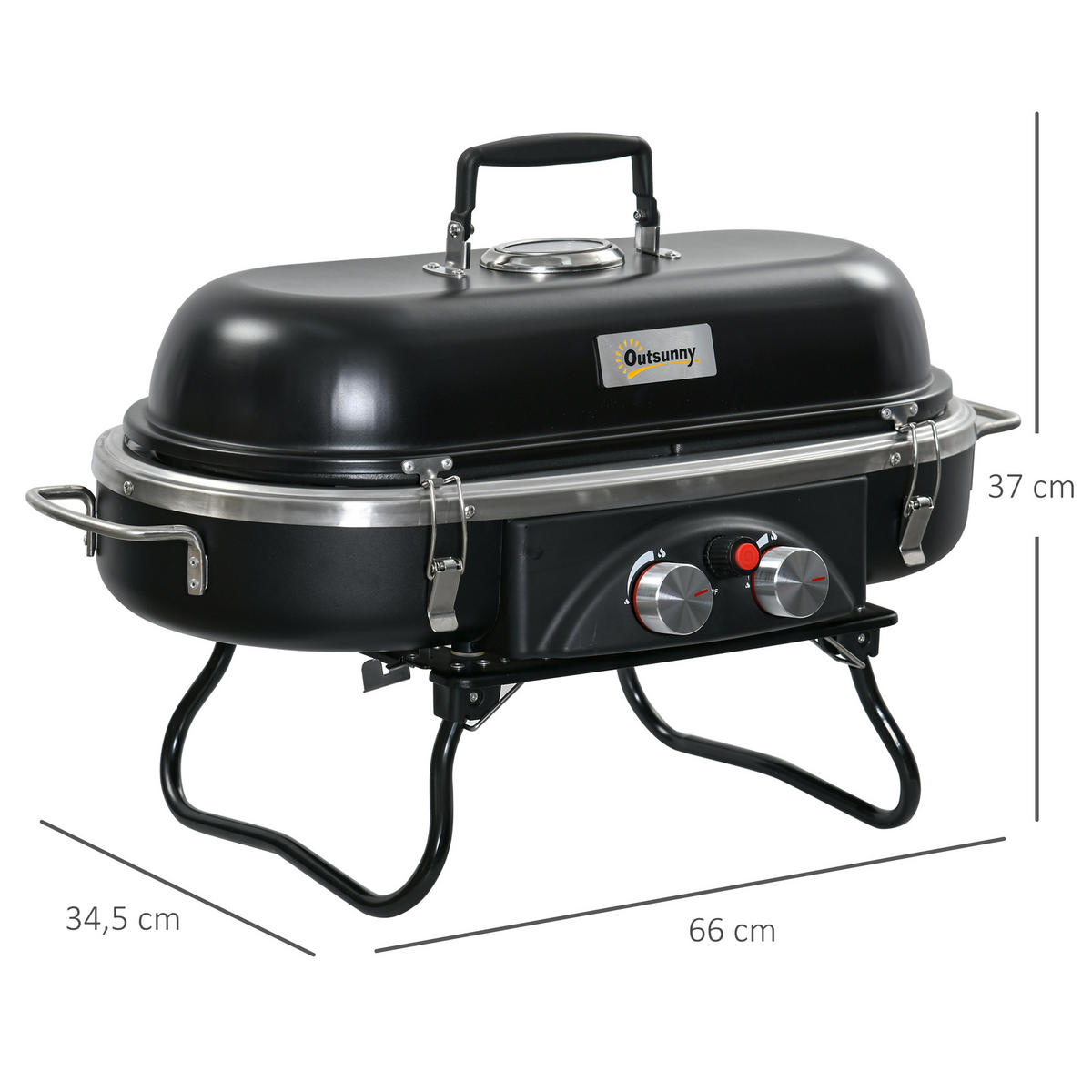 GASGRILL inkl 2 Edelstahl-Brenner - Schwarz, Metall (34.5/37/66cm) - Outsunny