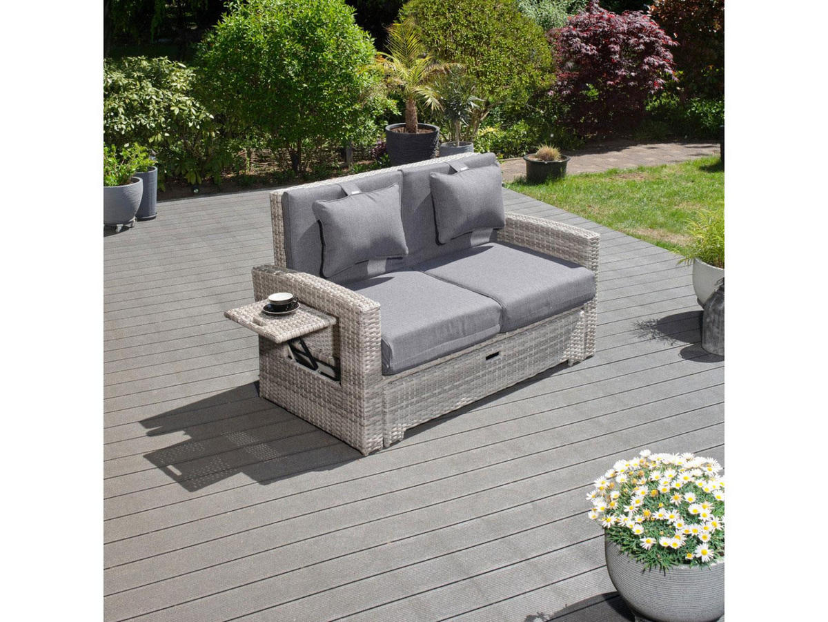 GARTEN-MULTIFUNKTIONSSOFA Sunny Grau Polyrattan ausklappbar für 2 Personen - Grau, Kunststoff (80/175/120cm) - Green Spirit
