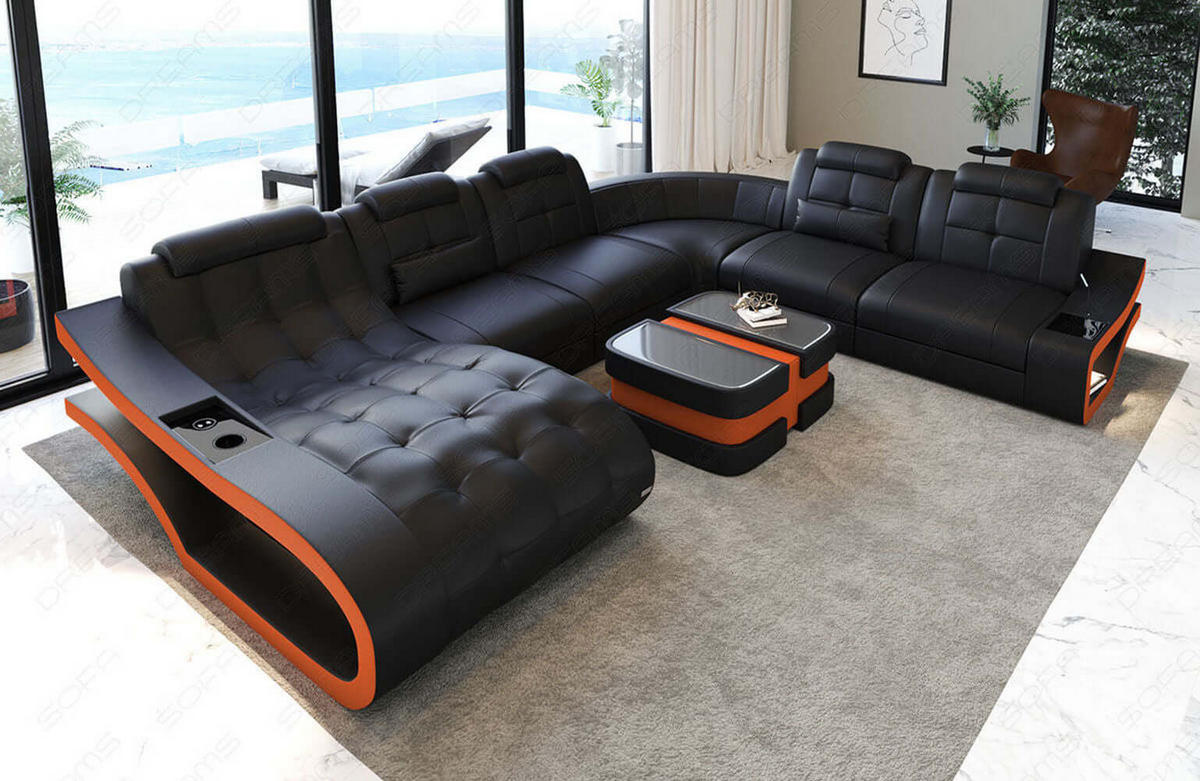 WOHNLANDSCHAFT Elegante Schwarz Orange Büffelleder - Schwarz, Leder (379/91/283cm)