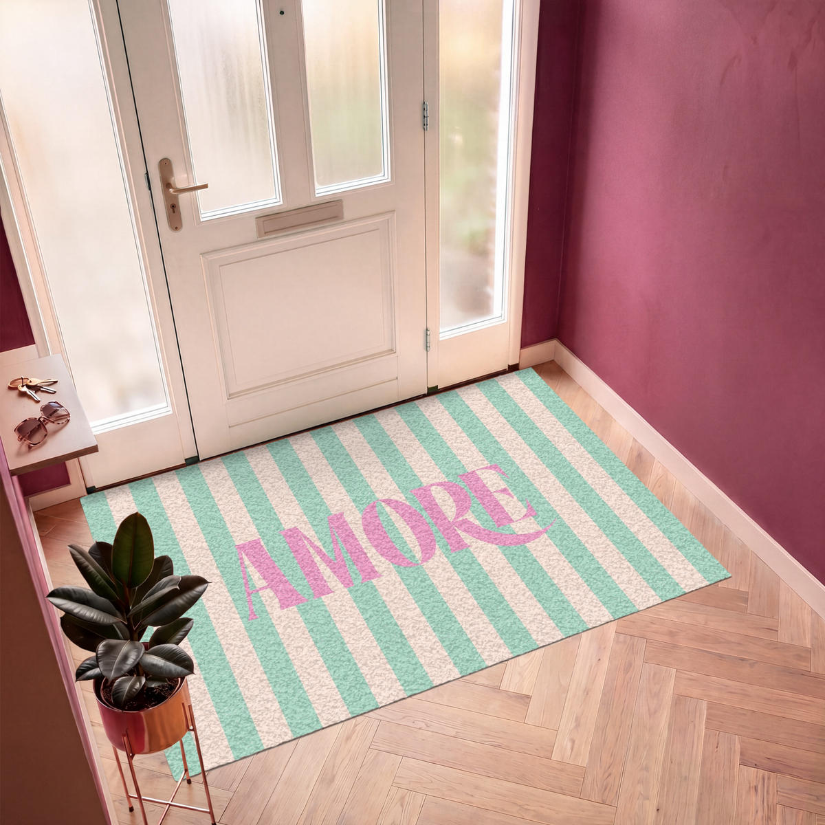 FUSSMATTE Rosa – Grün – Streifen – Amore 180x120 cm - Mintgrün, Kunststoff (180/0.4cm) - MuchoWow