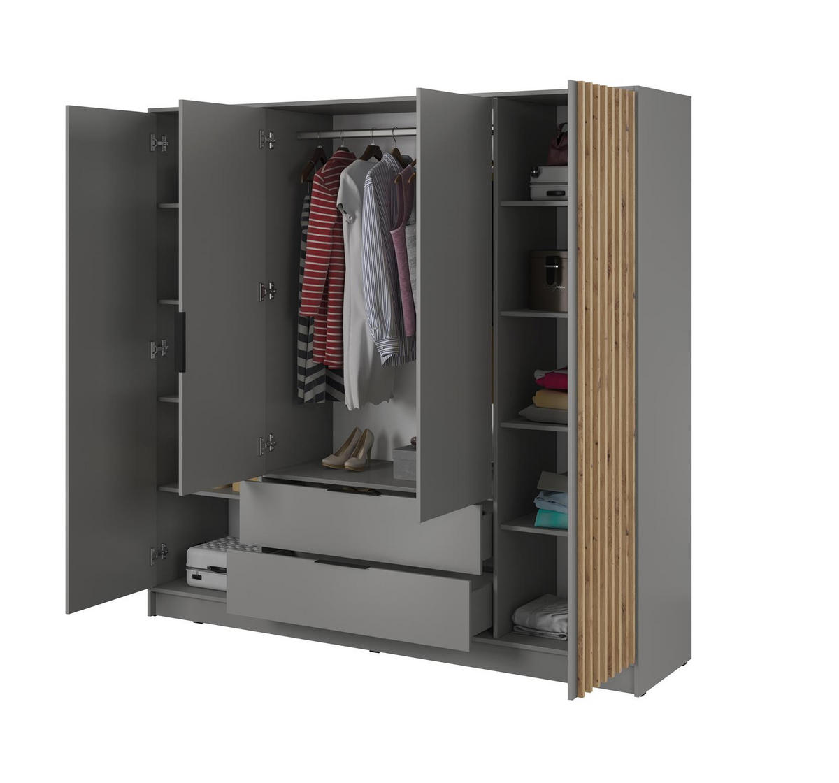 KLEIDERSCHRANK Nelly Grau, vierürige Schrank, Garderobe mit Schubladen - Grau, Holzwerkstoff (206/200/51cm) - Bettso