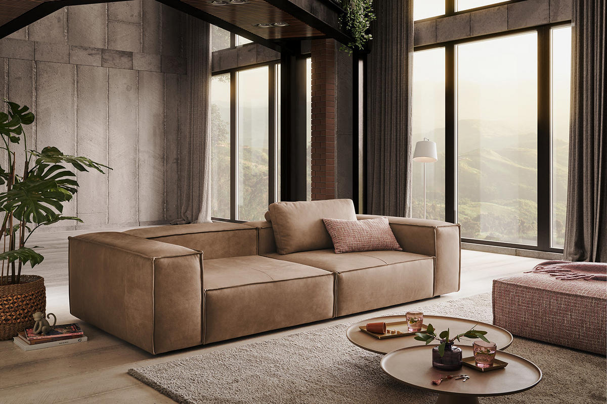 SOFA CARMO Taupe Leder - Taupe/Schwarz, Leder/Kunststoff (266/68/118cm) - KAWOLA
