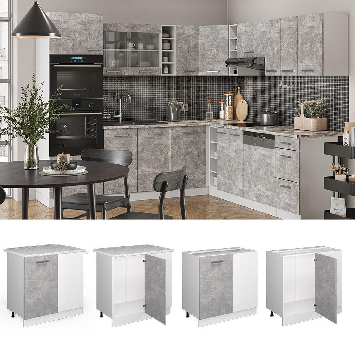 KOTNA OMARICA R-Line Beton 86 cm brez delovne plošče - siva/bela, leseni material (86/81.6/46cm) - Vicco