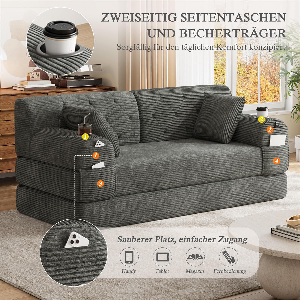 SCHLAFSOFA 2-Sitzer Cord Schlafcouch mit Stauraumtaschen, Grau - Grau, Textil (168/81/80cm) - Kaket
