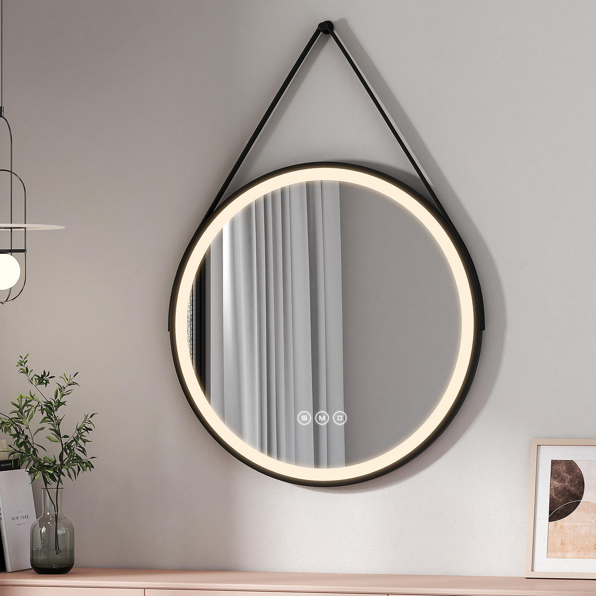 BADSPIEGEL mit Touch-Schalter Beleuchtung mit Hängeriemen Schwarz ф80 cm - Schwarz, Glas (80/3.5/80cm) - EMKE