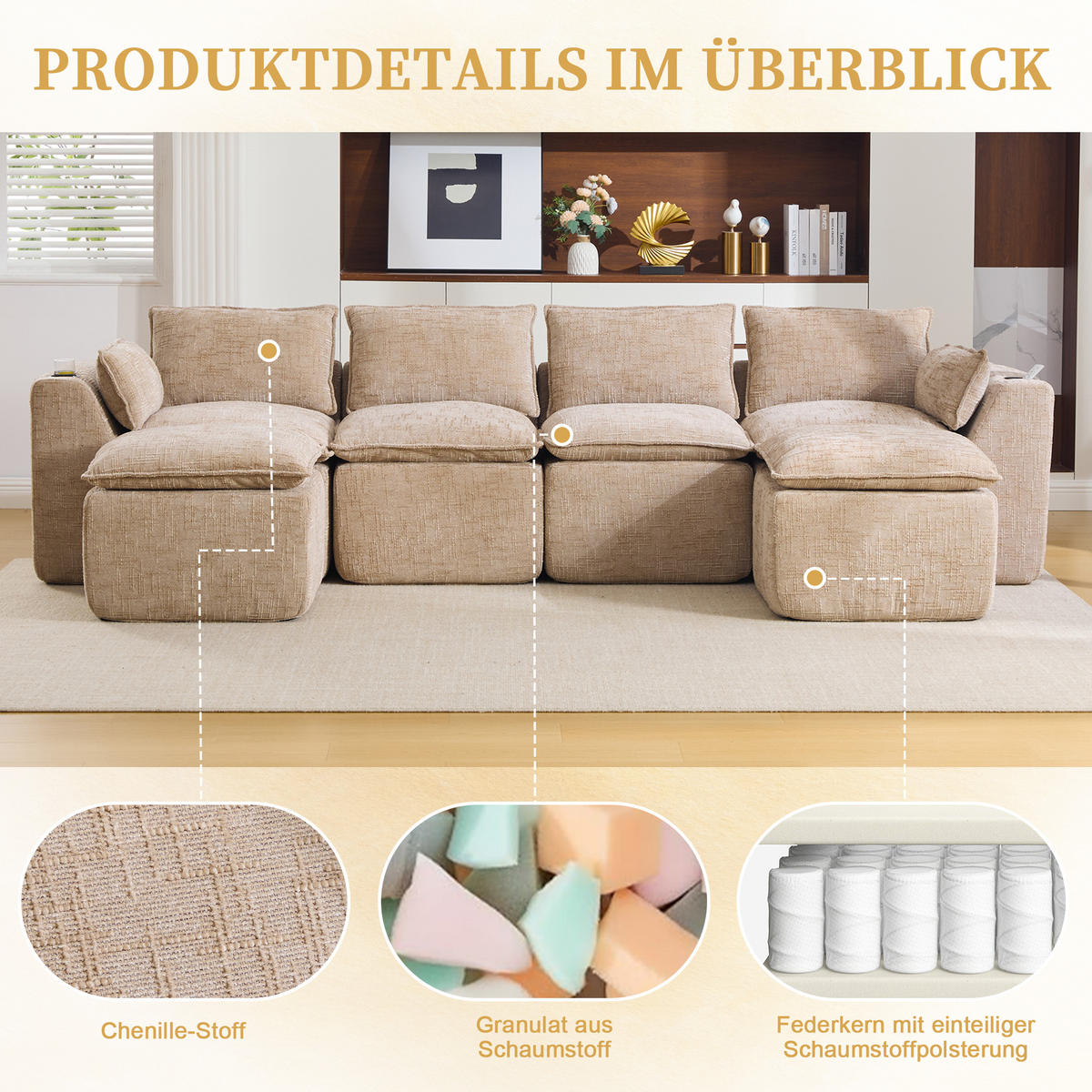 CANAPEA CU 4 LOCURI din chenille, cu 2 taburete și suporturi pentru băuturi - nisipiu, material textil (322/75/161cm) - Urban Meuble