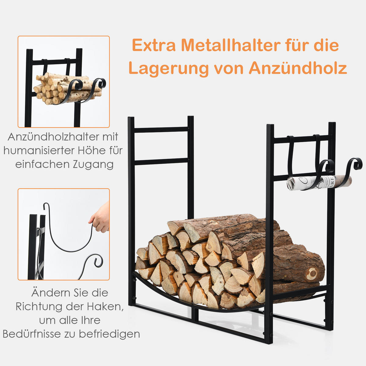 KAMINHOLZREGAL Schwarz - Schwarz, Metall (33/76/84cm) - COSTWAY