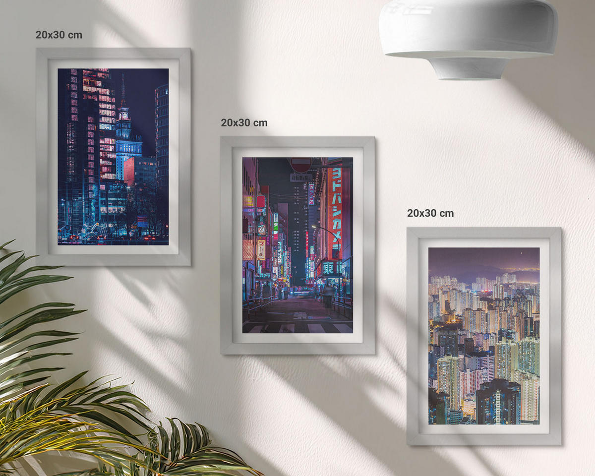 BILDER SET 3er Set - 20x30 cm Silberner Rahmen - Neonlichter der nächtlichen Stadt - Silberfarben, Kunststoff (20/30cm) - TULUP