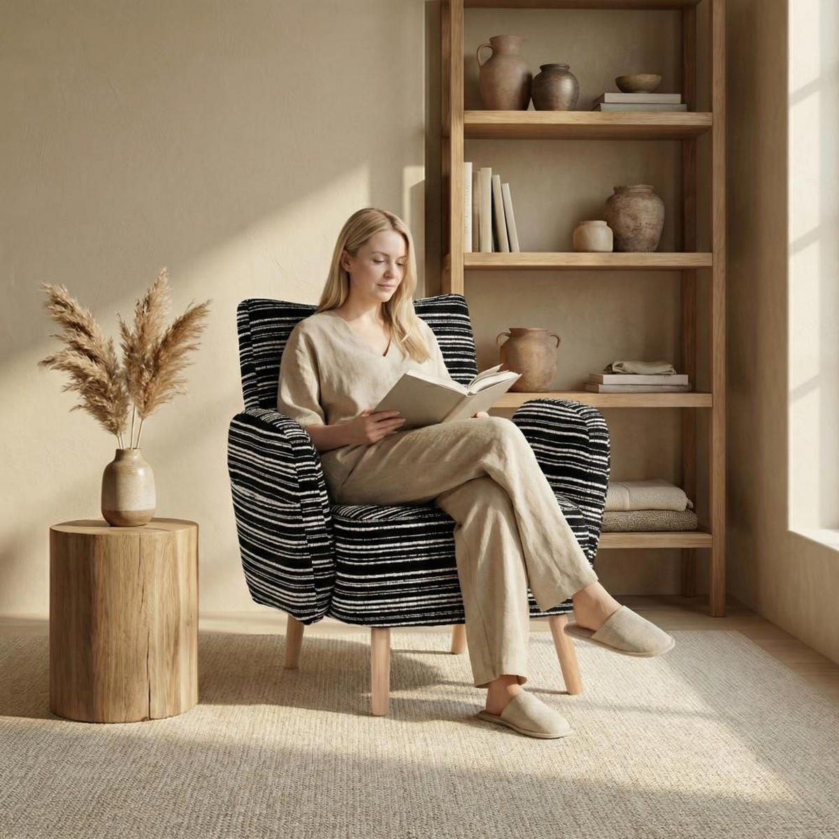 RELAXSESSEL Einzelsessel,Seitentaschen, Massivholz,Bouclé,Schwarz - Schwarz, Textil (77/87/81cm) - LVHOM