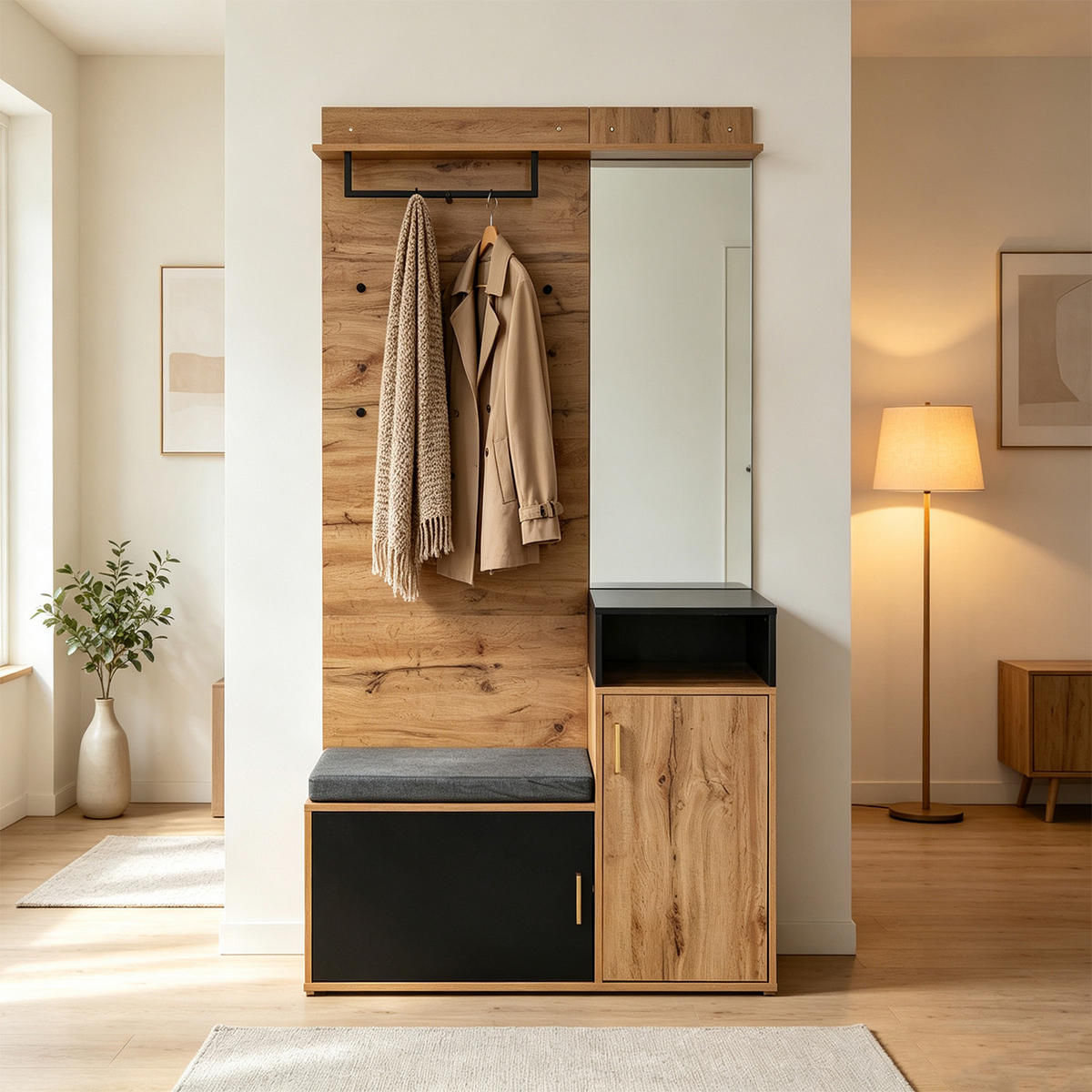 GARDEROBEN-SET mit 4 Kleiderhaken, Spiegel, Schuhschrank, Flurbank - Schwarz, Holz (38.5/190/104cm) - Meubles Cosy