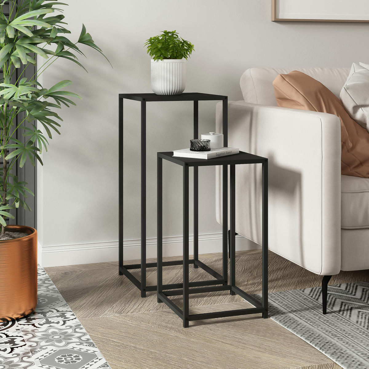 SÄULENTISCH-SET 2 TLG. Åseral - Schwarz, Metall (34/34/74cm) - [en.casa]