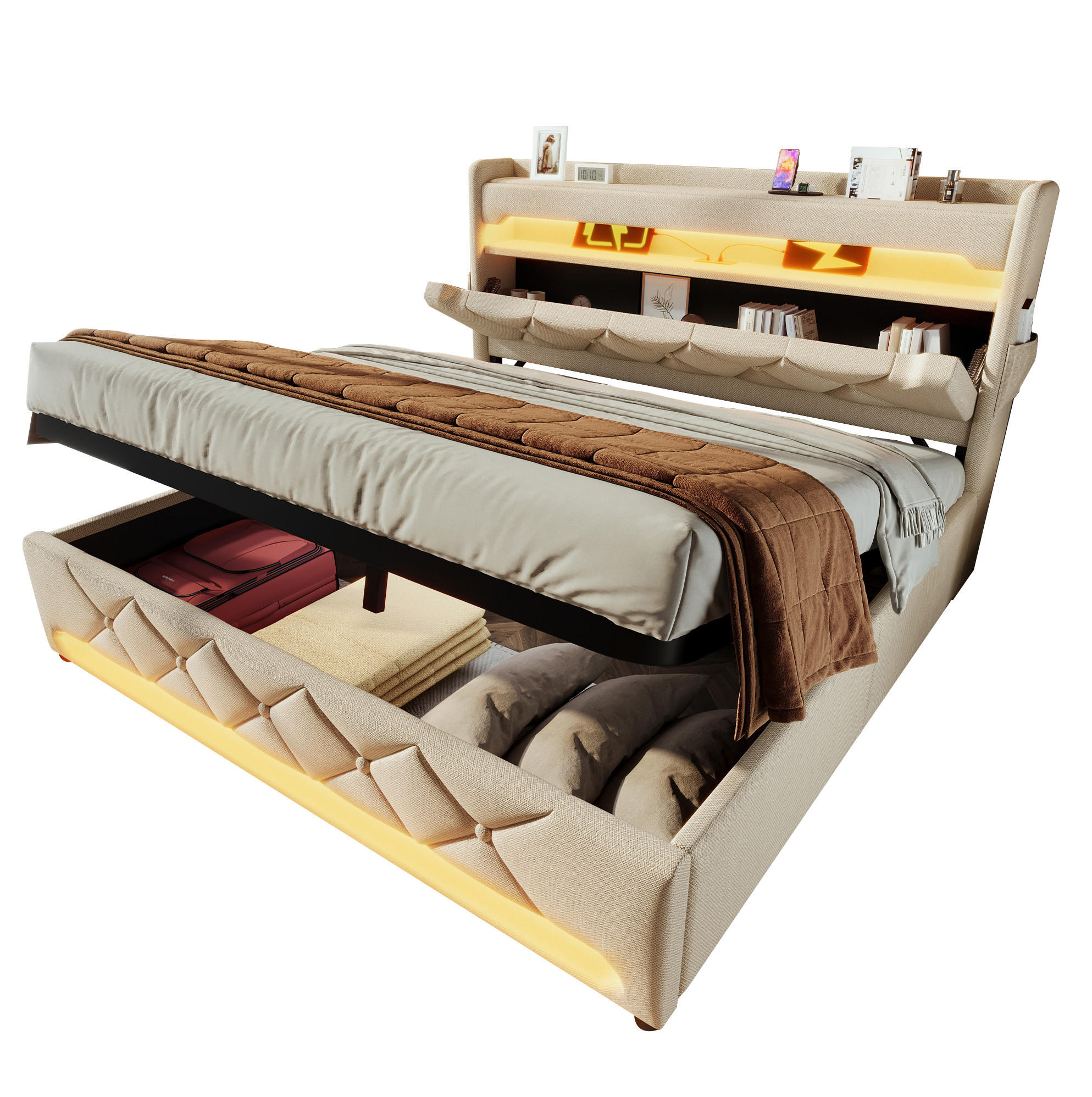POLSTERBETT 160/200 cm mit LED-Beleuchtung, USB-C-Ladefunktion und hydraulischem Bettkasten, Beige - Grau, Textil (160/200cm) - Redom