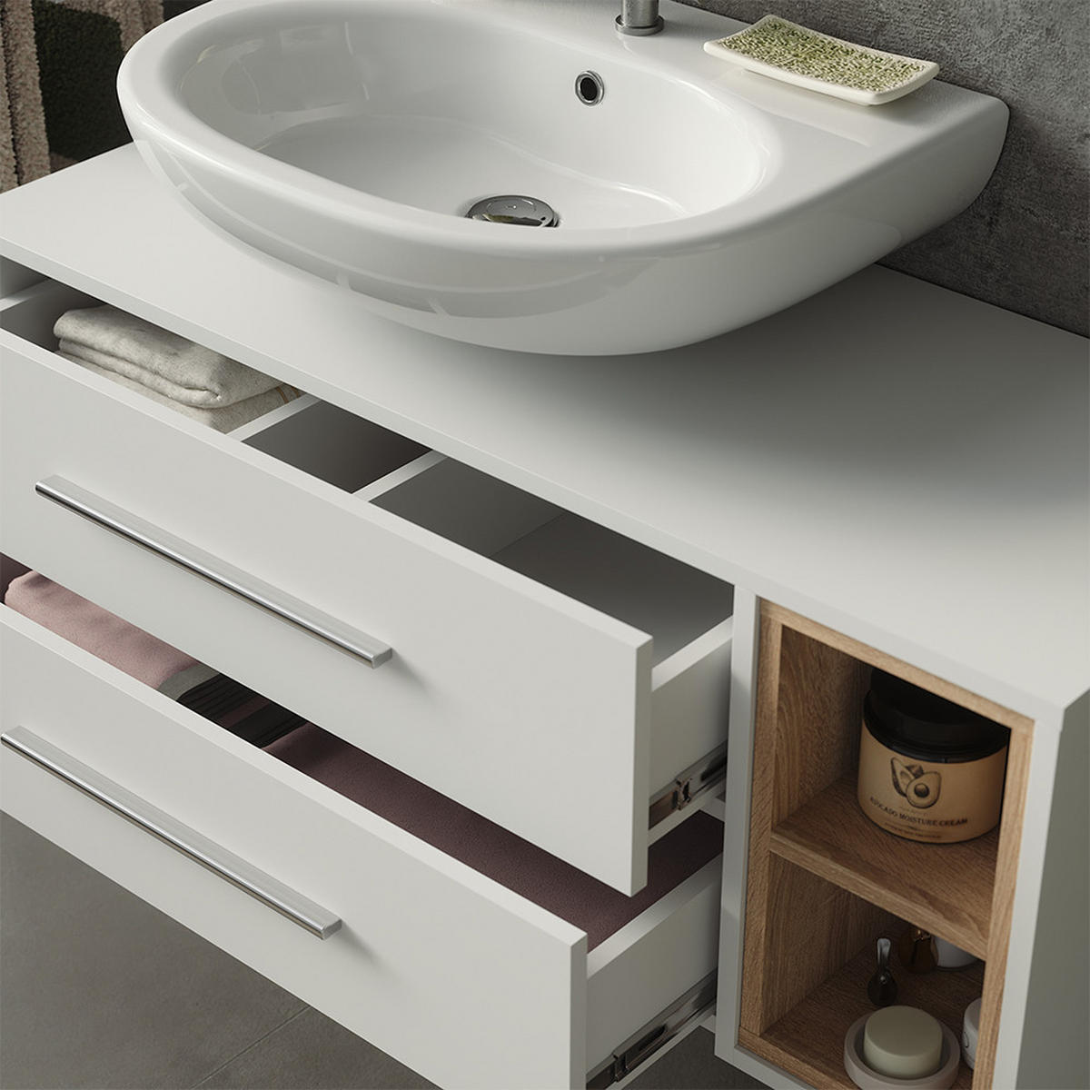 WASCHBECKENUNTERSCHRANK Beatrice, Weiß/Sonoma, 100 x 40 cm mit 2 Schubladen - Weiß/Sonoma Eiche, Holzwerkstoff (100/40/40cm) - Vicco