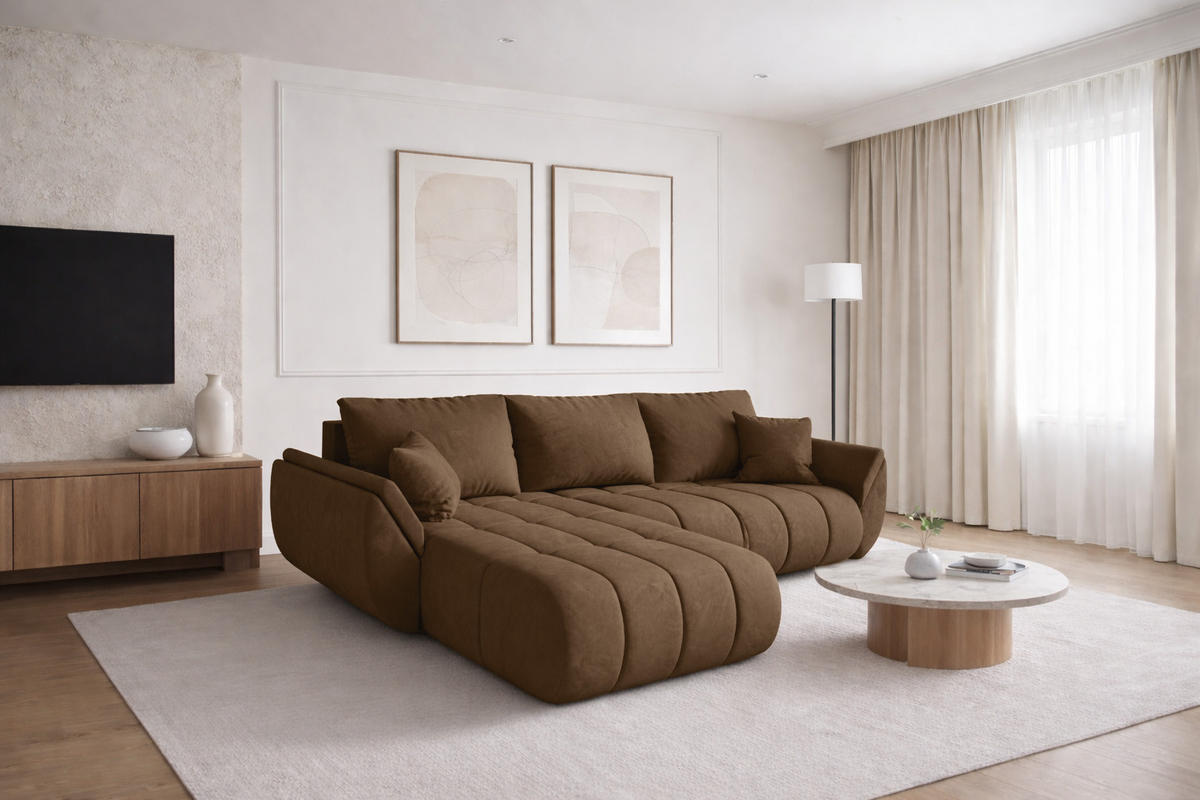 ECKSOFA TOKYO PREMIUM mit Schlaffunktion, Stoff MONOLITH, Hellbraun, Links - Hellbraun, Holz (280/190cm) - Kaiser Möbel