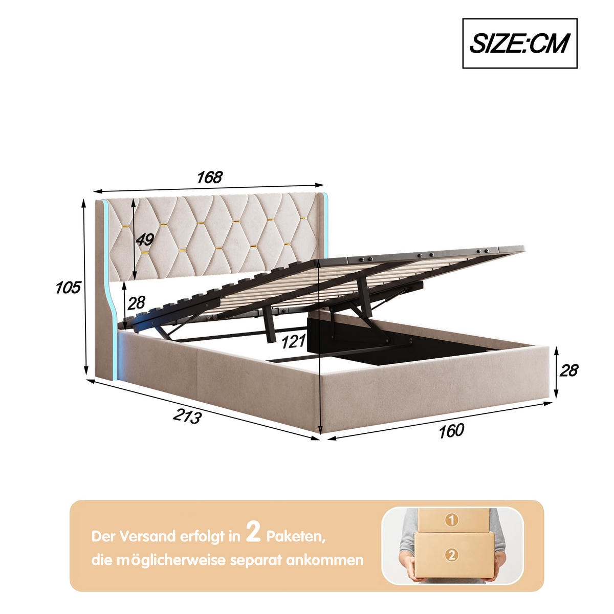 POLSTERBETT 160/200 cm mit LED-Beleuchtung & Hydraulik-Stauraum, Samt gepolstertes Steppkopfteil, Lattenrost inklusive - Beige, Holz/Metall (160/200cm) - Joyfair