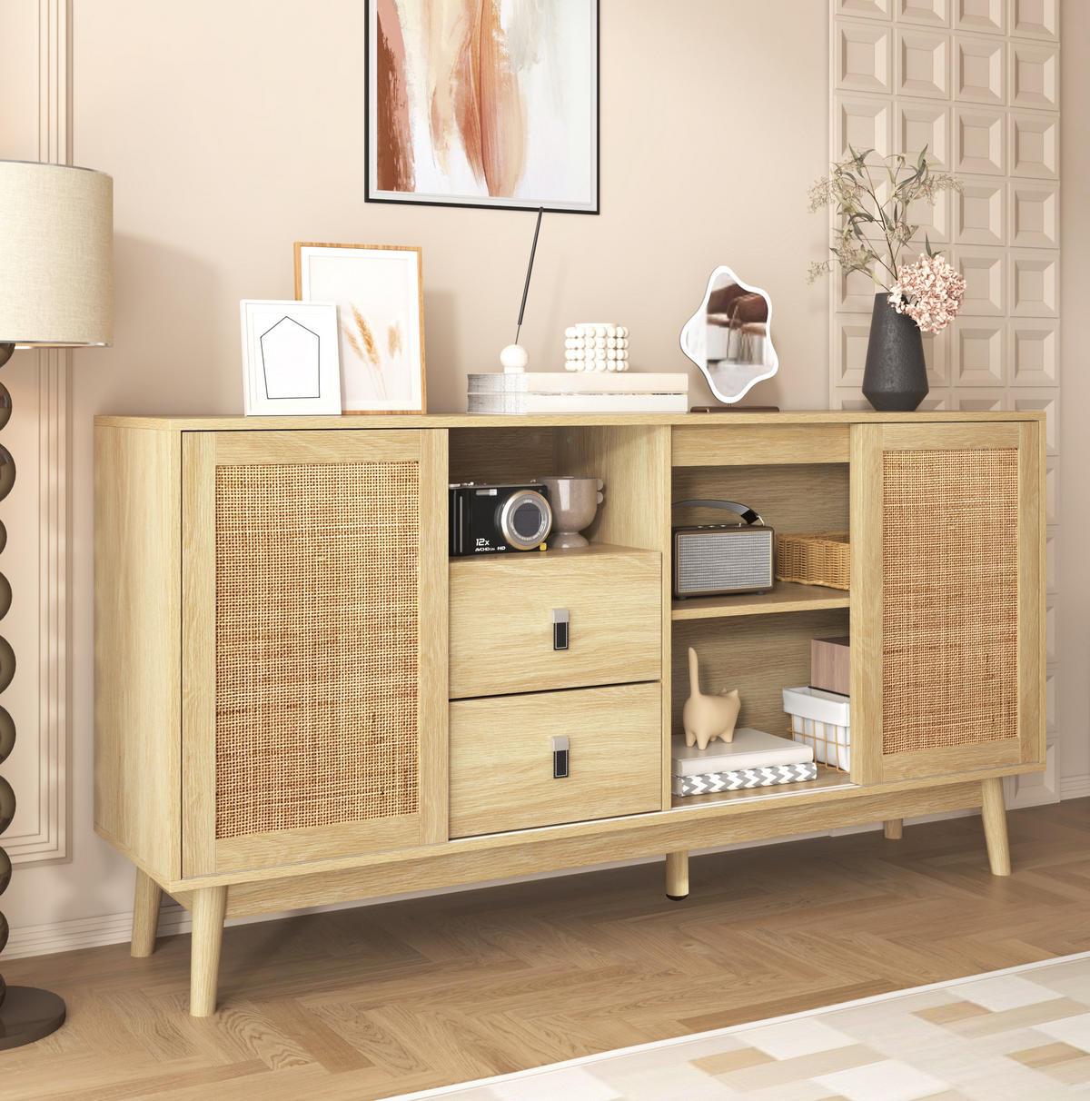 SIDEBOARD 155/38/80 cm aus MDF und Spanplatte mit Rattanschiebetüren und 2 Schubladen Holzfarben - Naturfarben, Holzwerkstoff (155/80/38cm) - Modenvie