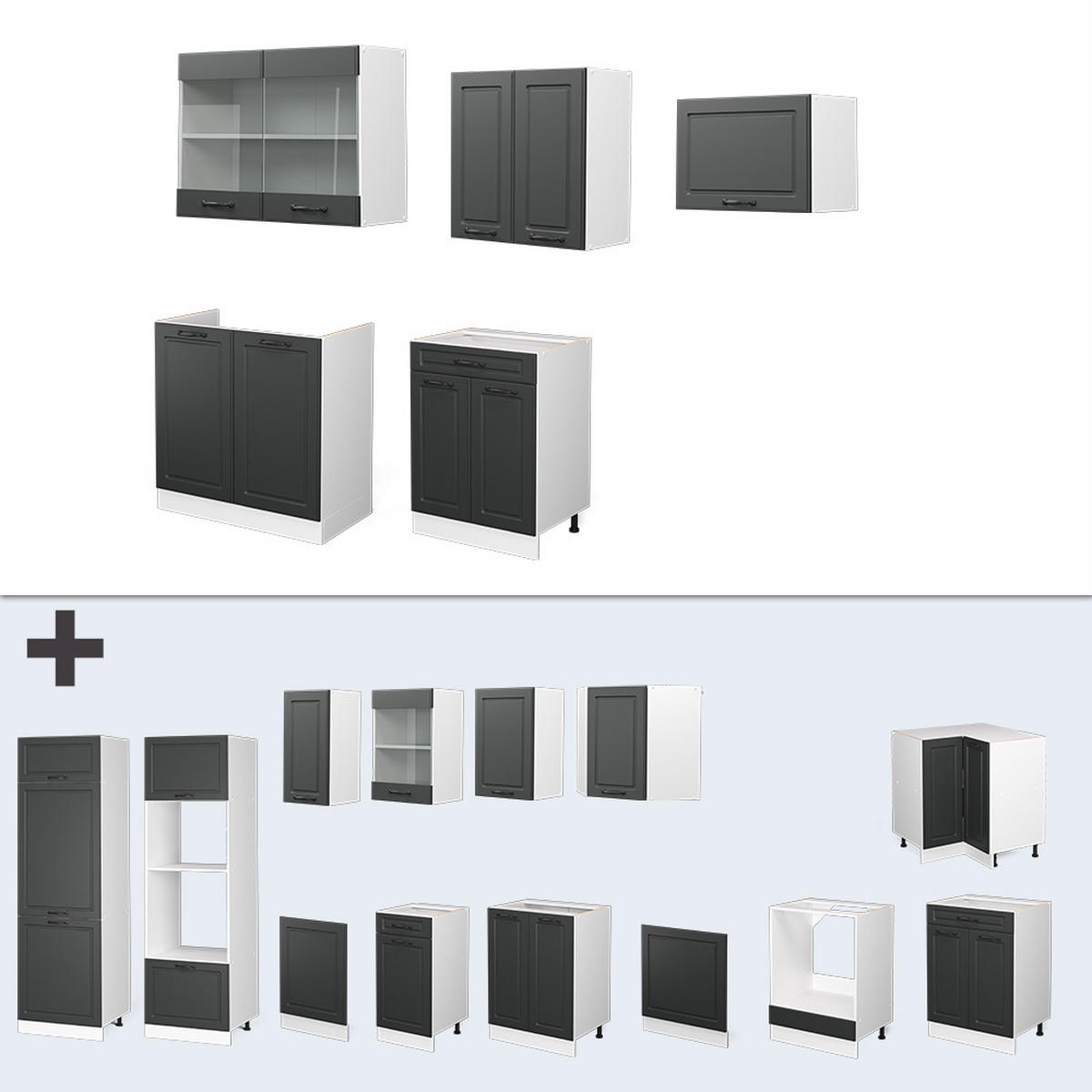 KÜCHENZEILE R-Line Anthrazit Landhaus/Weiß 200 cm, AP Eiche - Dunkelgrau/Weiß, Holzwerkstoff (200/81.6/60cm) - Vicco