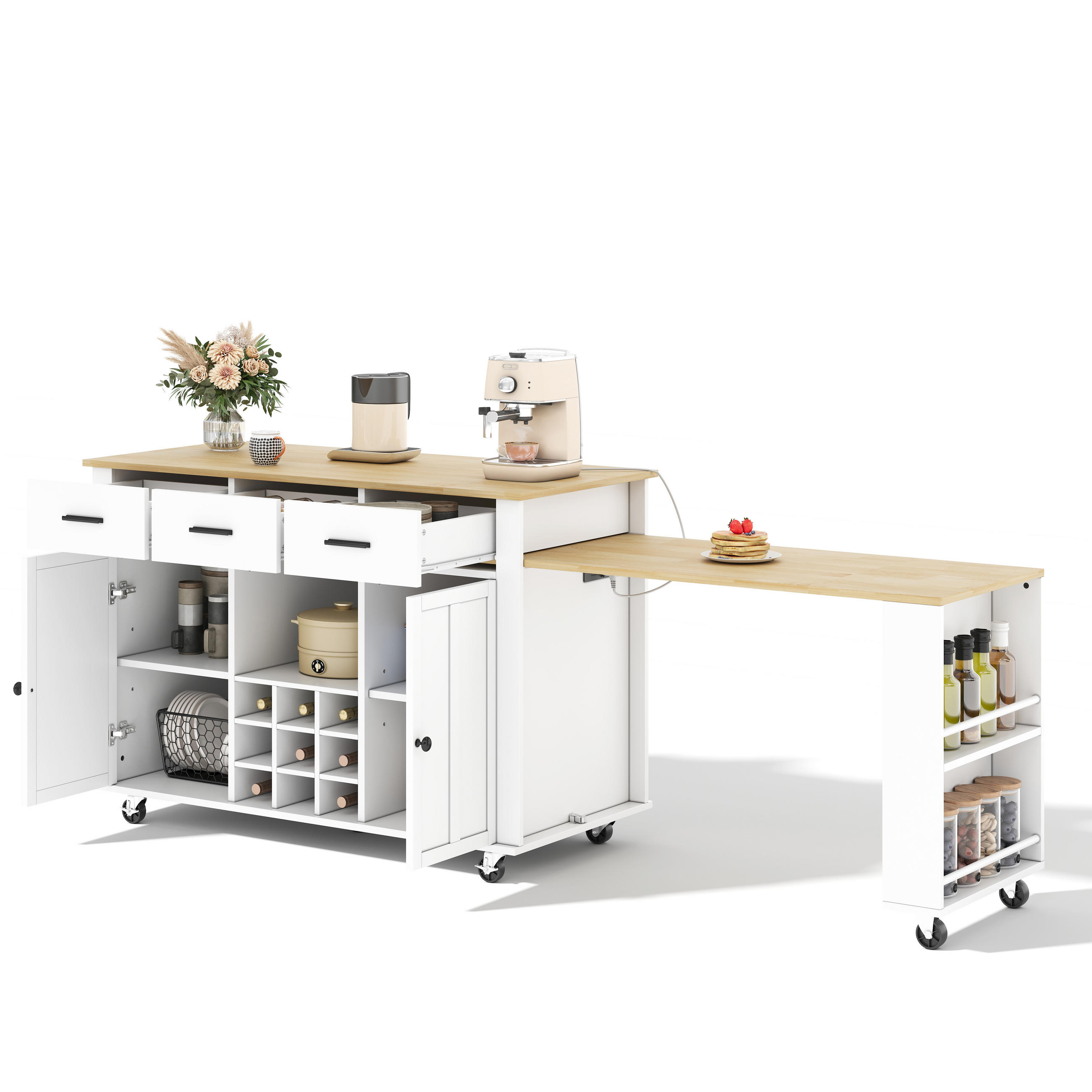 KÜCHENINSEL 93 cm MDF Natur Weiß mit Ausziehbarer Arbeitsplatte und Weinregal - Weiß, Holzwerkstoff (50/93/136cm) - Korfee