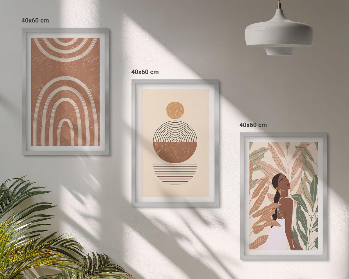 WANDBILDER 3er Set - 40x60 cm Silberner Rahmen - Stilvolle Pflanzenmuster und Geometrie - Silberfarben, Kunststoff (40/60cm) - ArtPrintCave